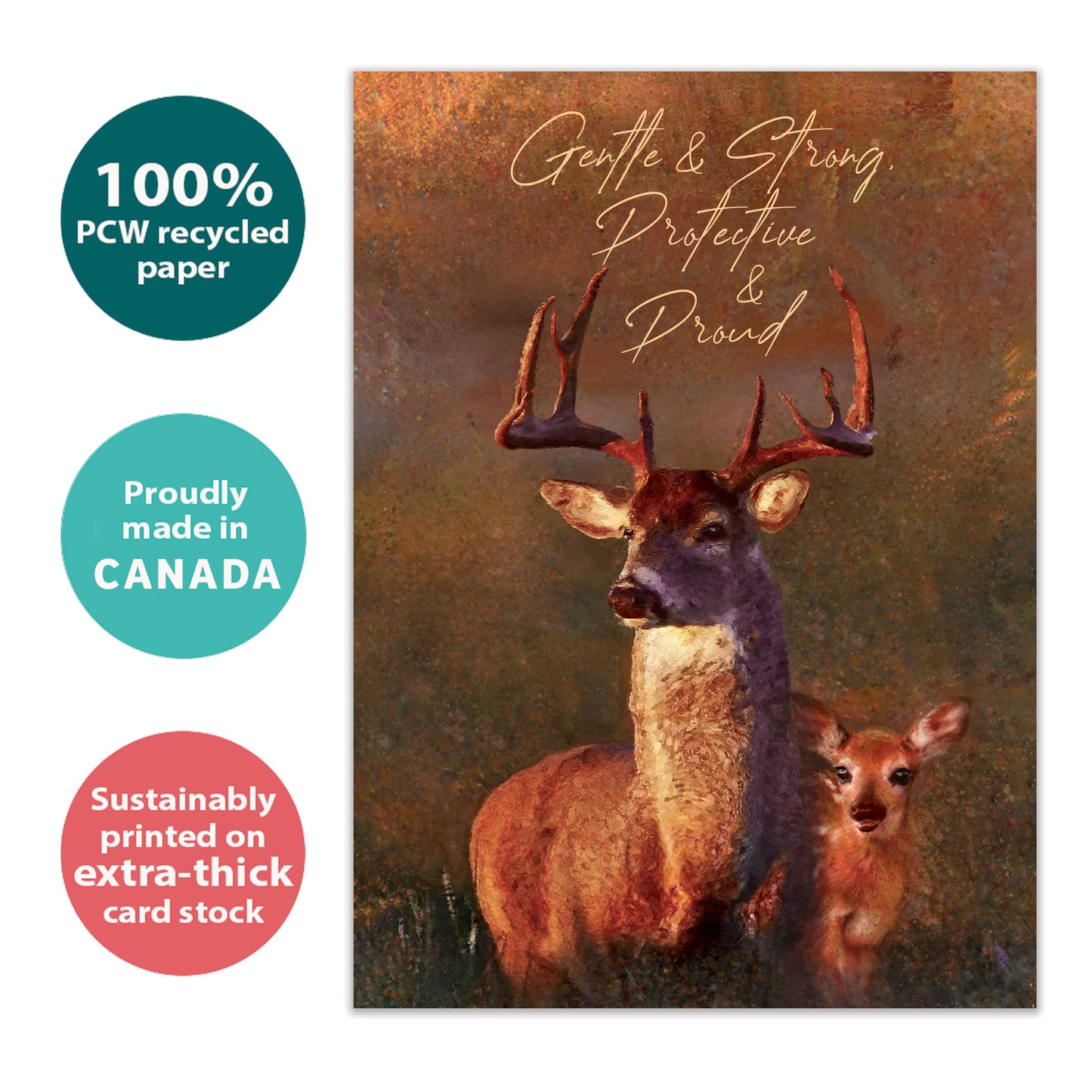 Front view of a birthday greeting card with an illustration of a buck and fawn and the message "Gentle & strong, protective & proud", highlighting its eco-friendly materials and made in Canada.
