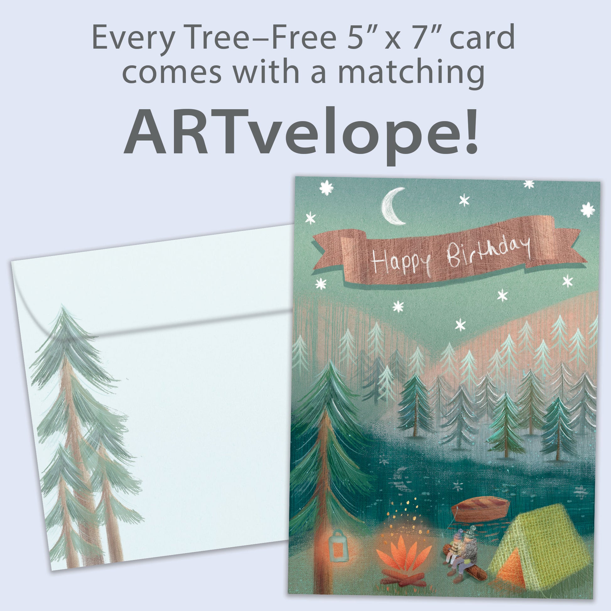 Front view of a birthday greeting card featuring an illustration of two people sitting by a campfire, a tent, and a forest with the message "Happy Birthday", with matching envelope artwork.