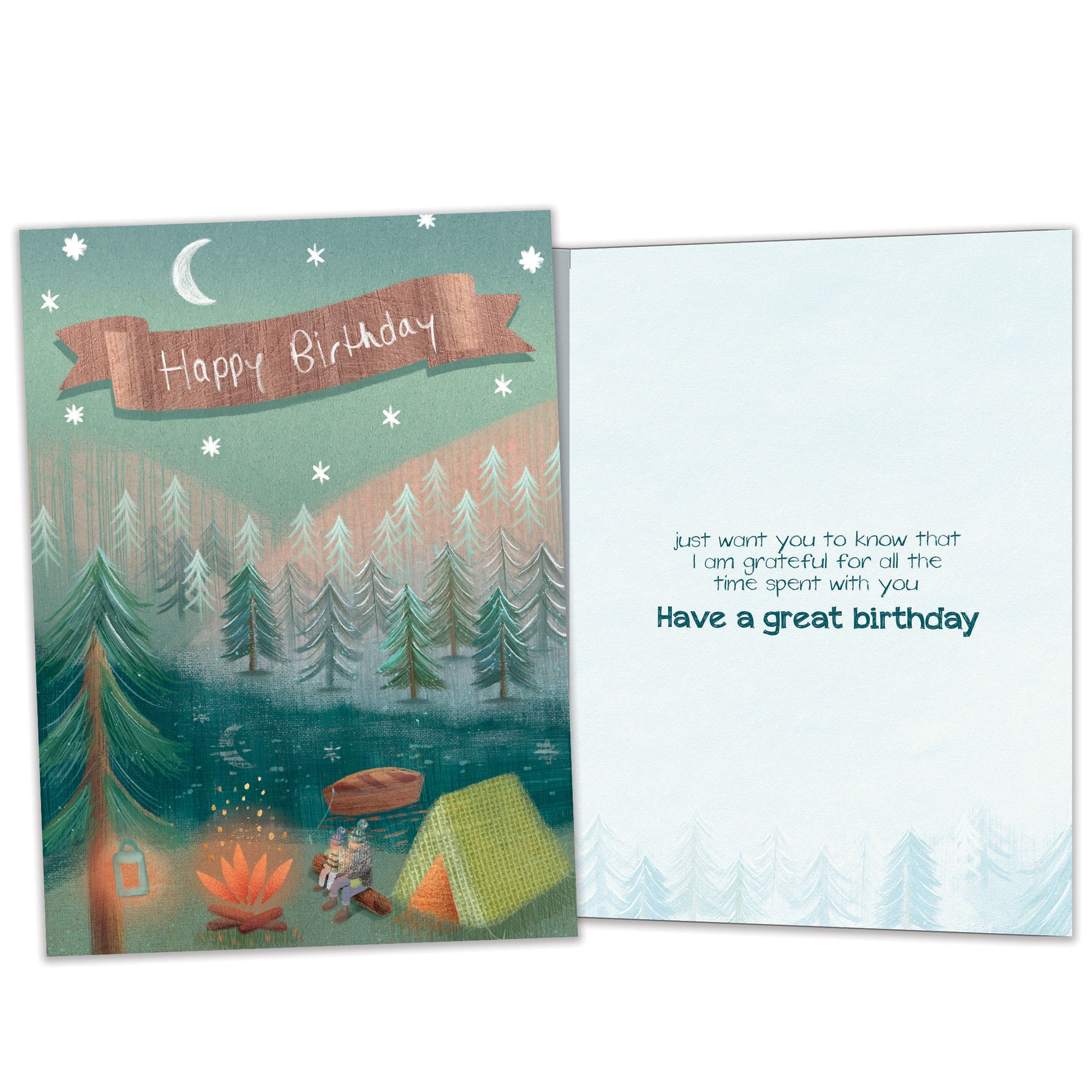 Front and inside view of a birthday greeting card featuring an illustration of two people sitting by a campfire, a tent, and a forest with the message "Happy Birthday", with matching design details inside.