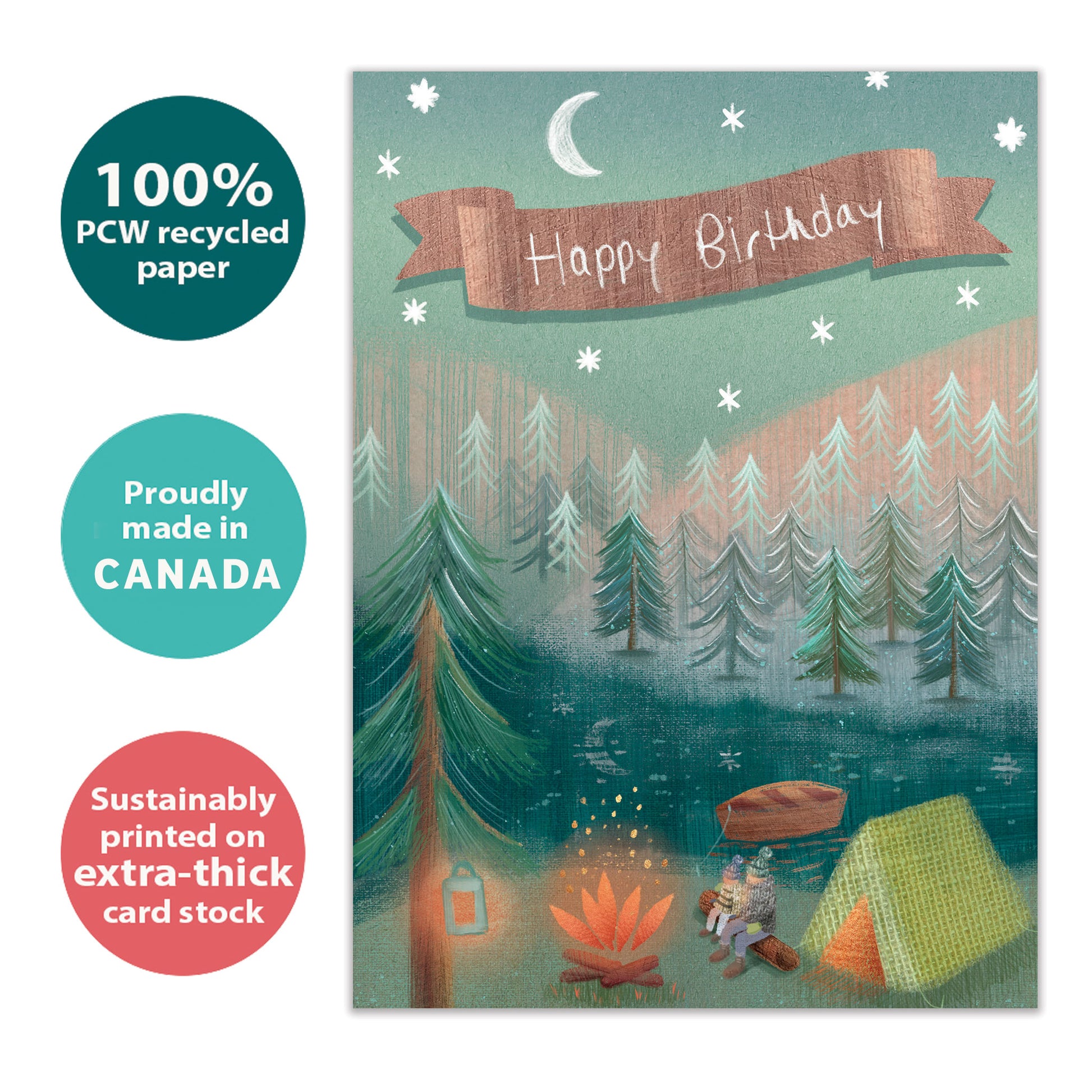 Front view of a birthday greeting card with an illustration of two people sitting by a campfire, a tent, and a forest and the message "Happy Birthday", highlighting its eco-friendly materials and made in Canada.