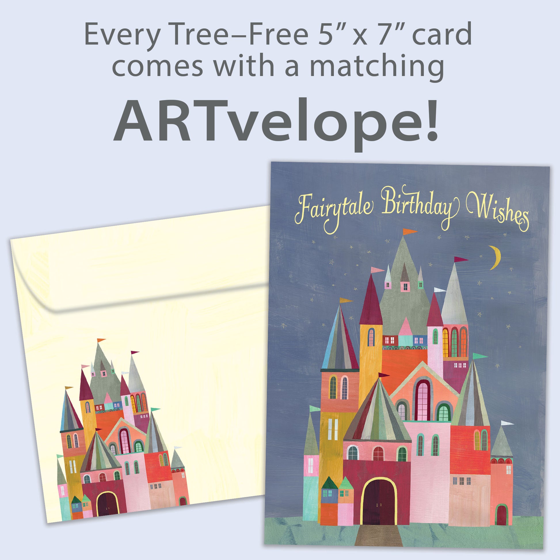 Front view of a birthday greeting card featuring a colourful illustration of a castle with the words "Fairytale Birthday Wishes", with matching envelope artwork.