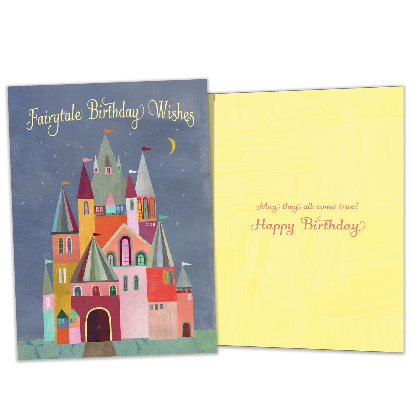 Front and inside view of a birthday greeting card featuring a colourful illustration of a castle with the words "Fairytale Birthday Wishes", with matching design details inside.