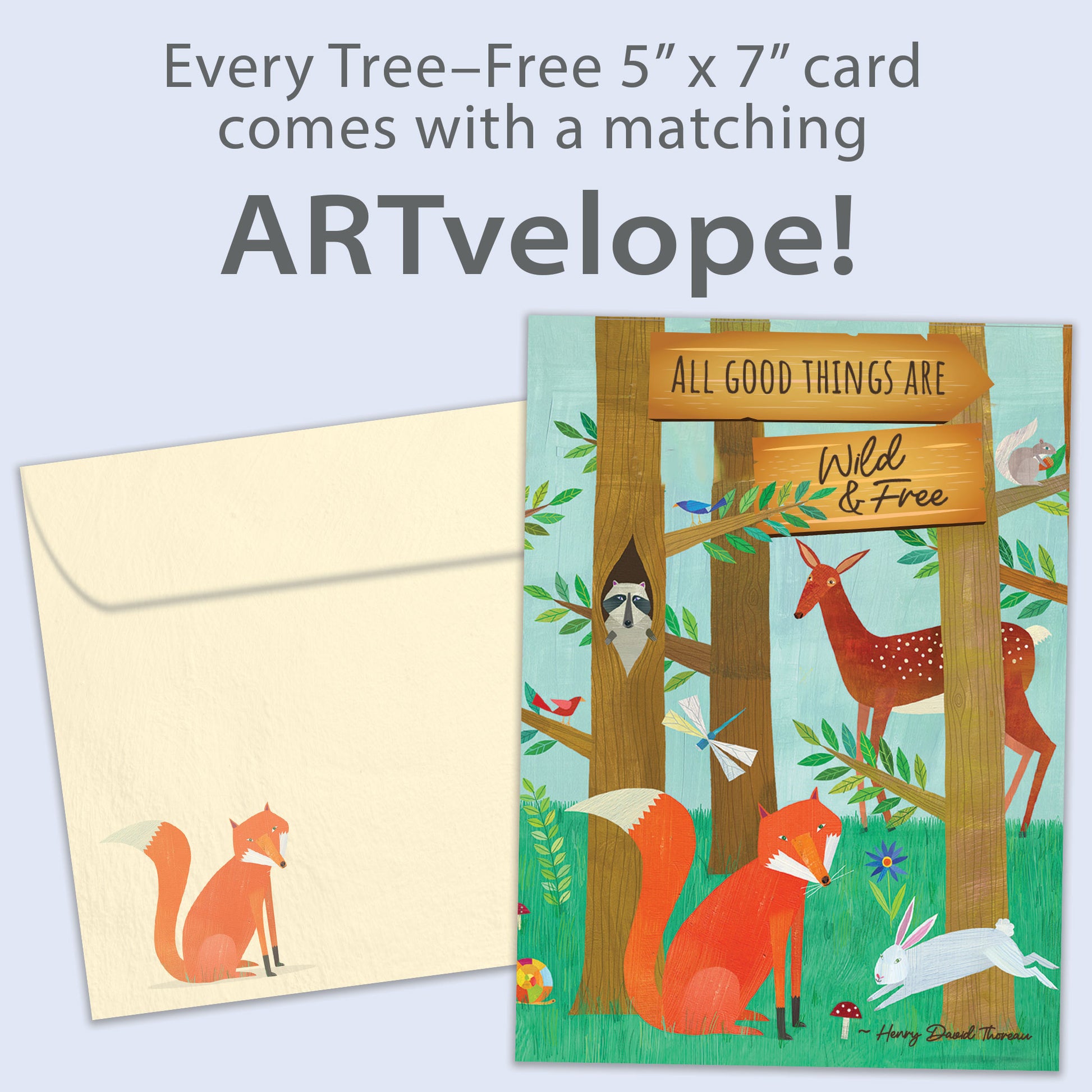Front view of a birthday greeting card featuring an illustration of a forest scene with animals and a message about being wild and free, with matching envelope artwork.