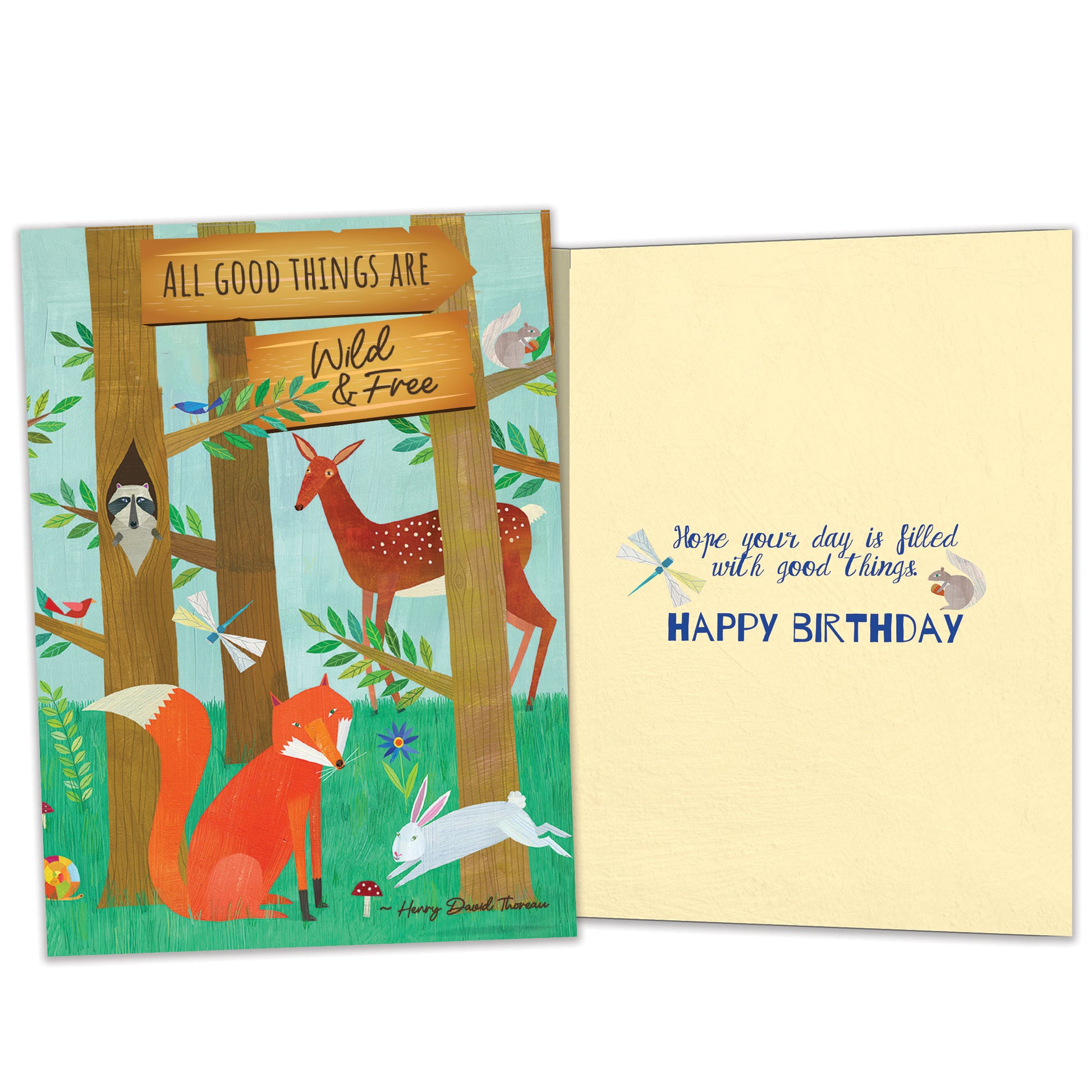 Front and inside view of a birthday greeting card featuring an illustration of a forest scene with animals and a message about being wild and free, with matching design details inside.