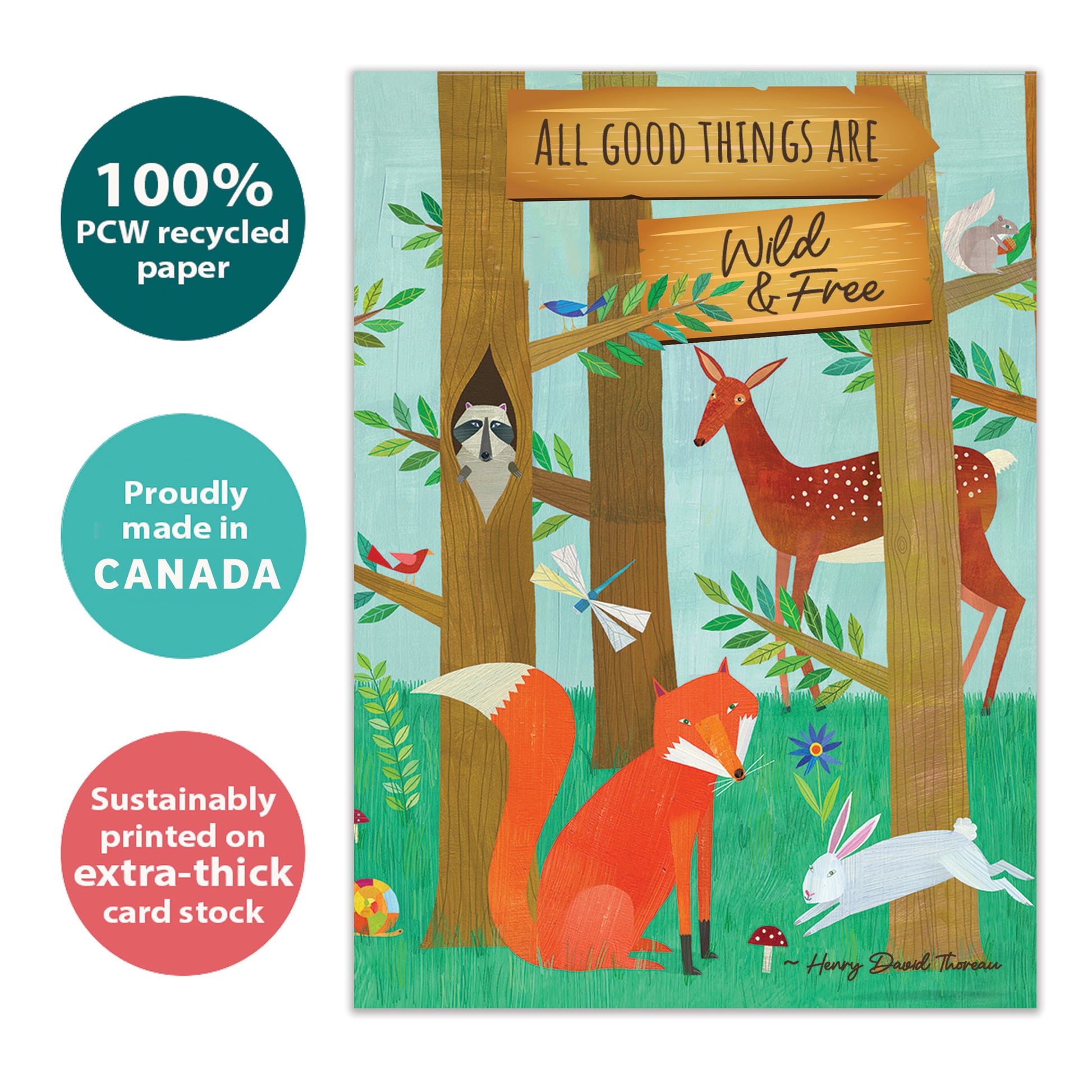 Front view of a birthday greeting card with an illustration of a forest scene with animals and a message about being wild and free, highlighting its eco-friendly materials and made in Canada.
