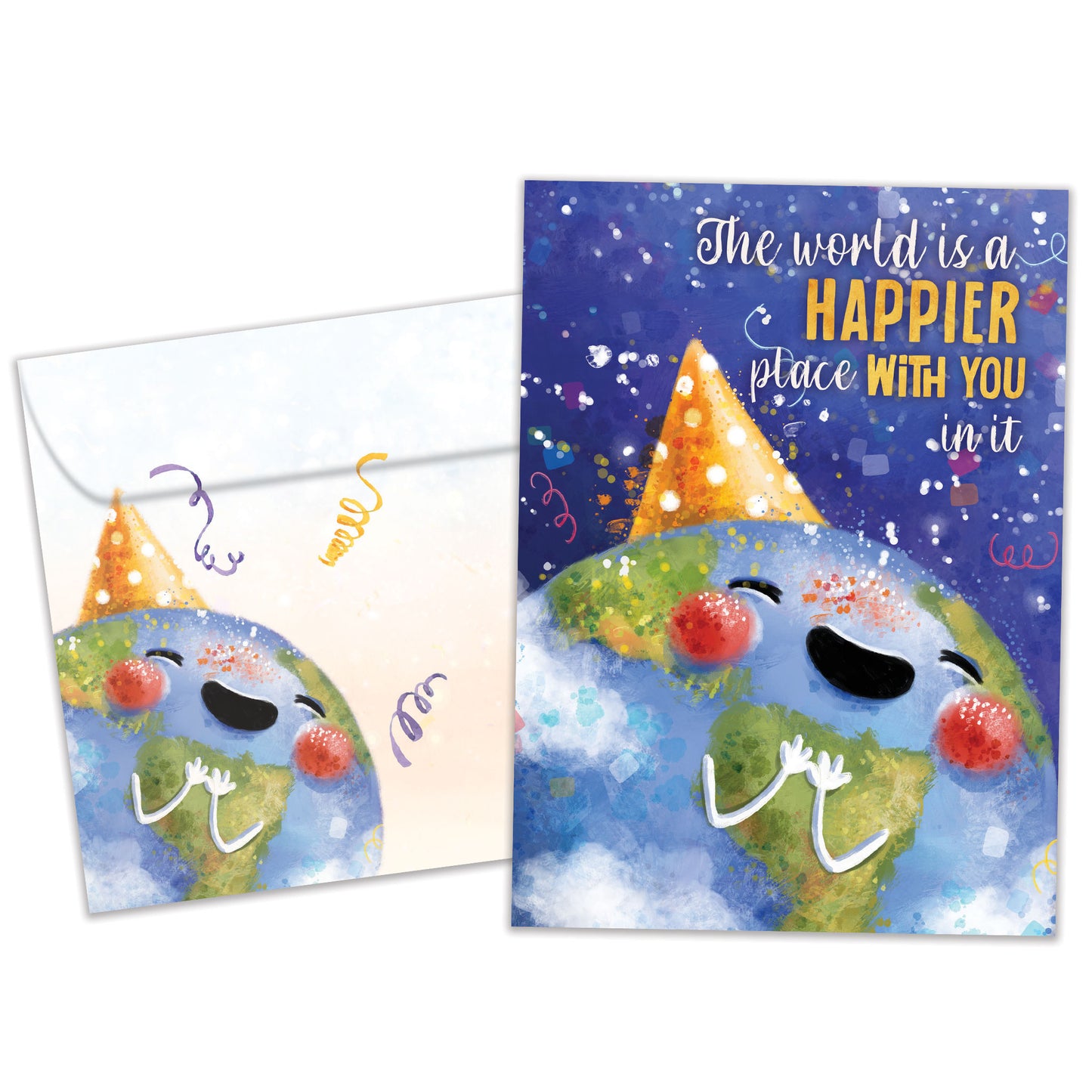 Front view of a birthday greeting card featuring an illustration of the earth with a happy face and a party hat, with a message about you making the world a happier place, with a matching envelope.