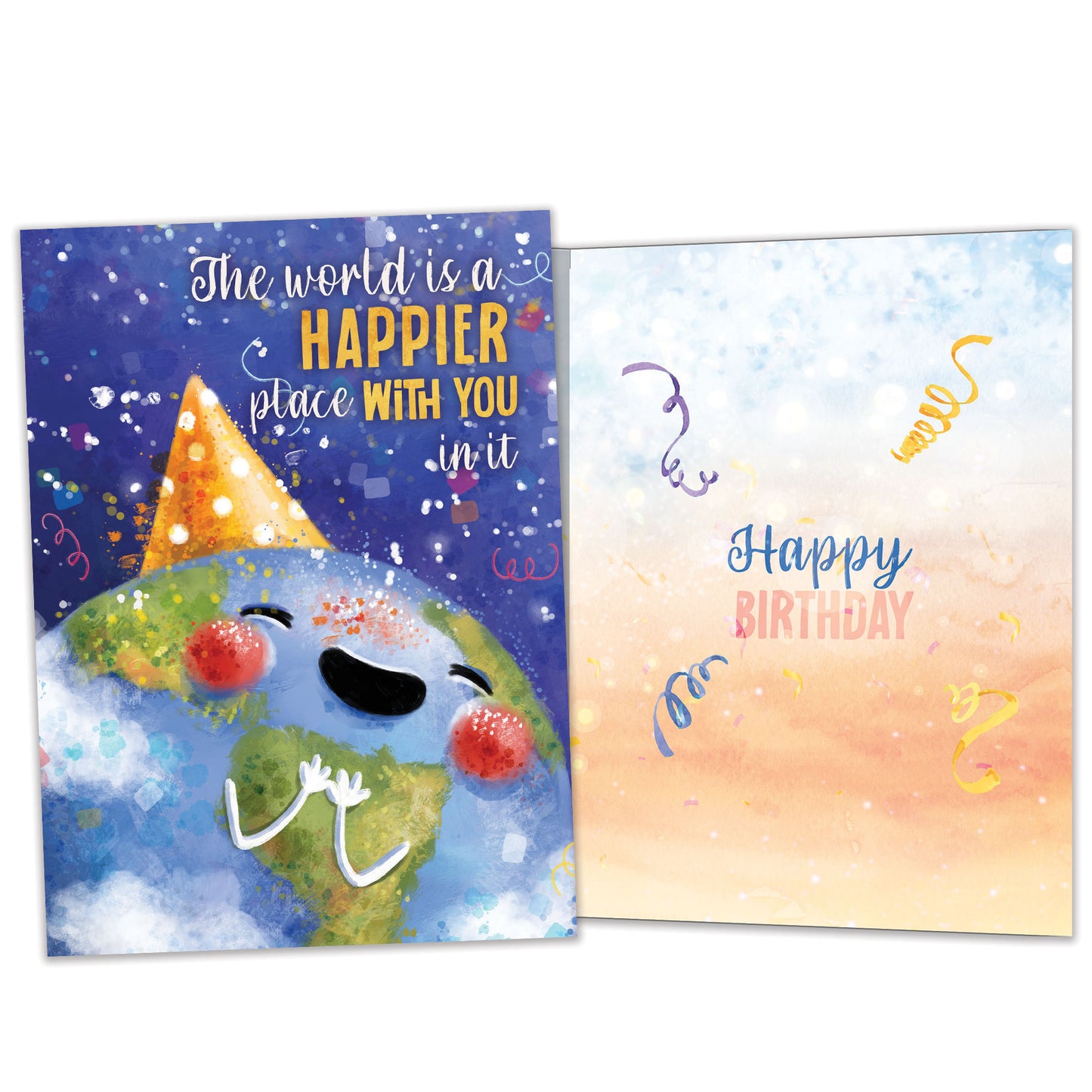 Front and inside view of a birthday greeting card featuring an illustration of the earth with a happy face and a party hat, with a message about you making the world a happier place, with matching design details inside.