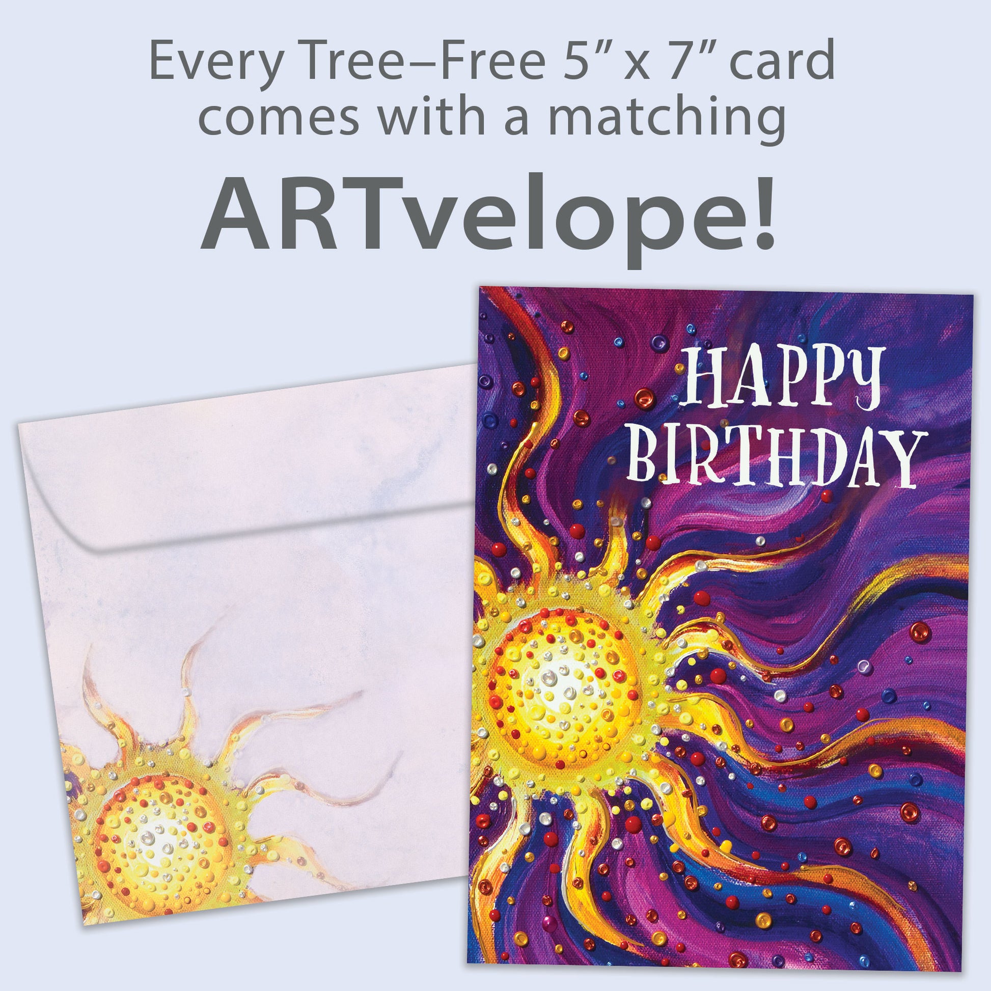 Front view of a birthday greeting card featuring an abstract illustration of a sun on a purple background with the words "Happy Birthday", with matching envelope artwork.