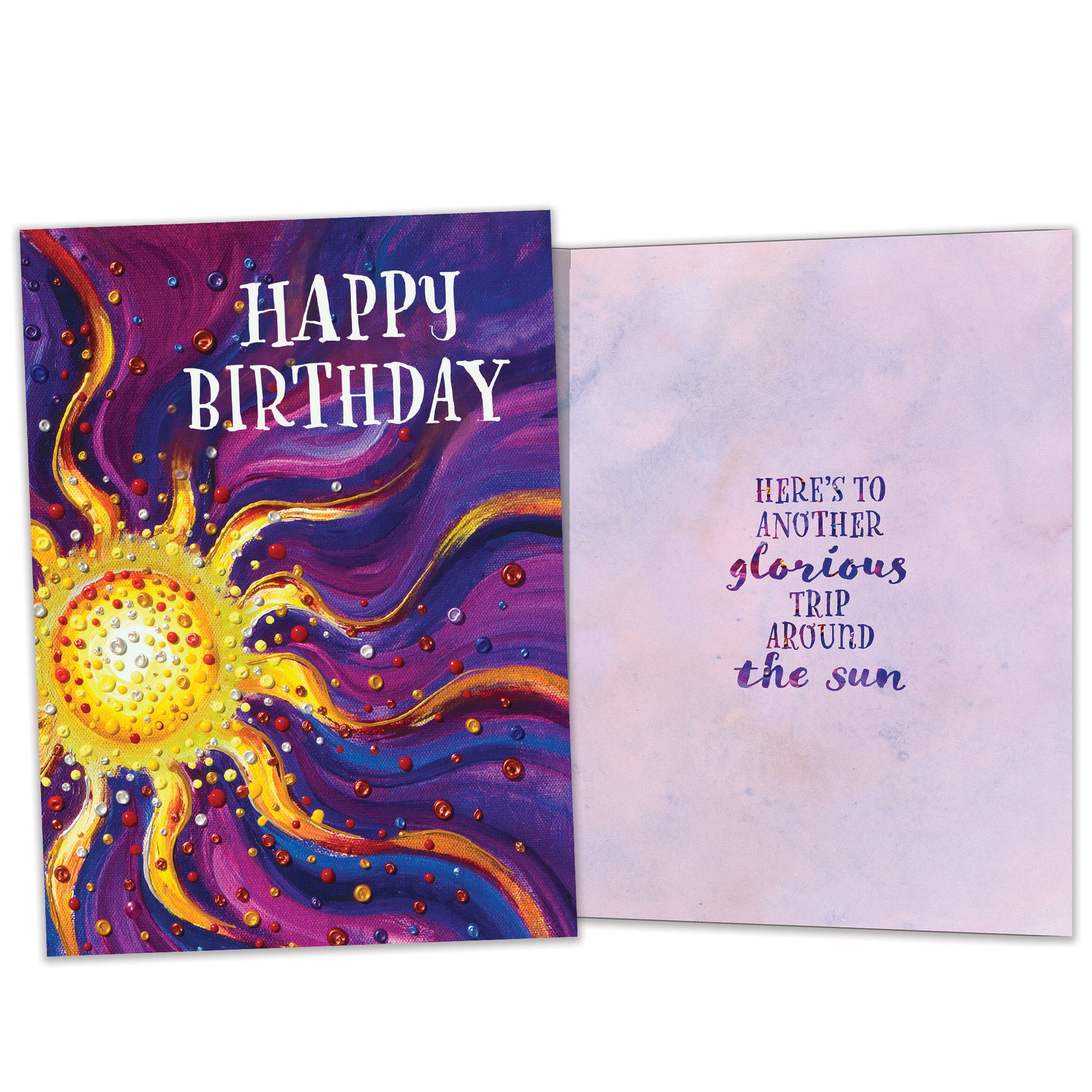 Front and inside view of a birthday greeting card featuring an abstract illustration of a sun on a purple background with the words "Happy Birthday", with matching design details inside.