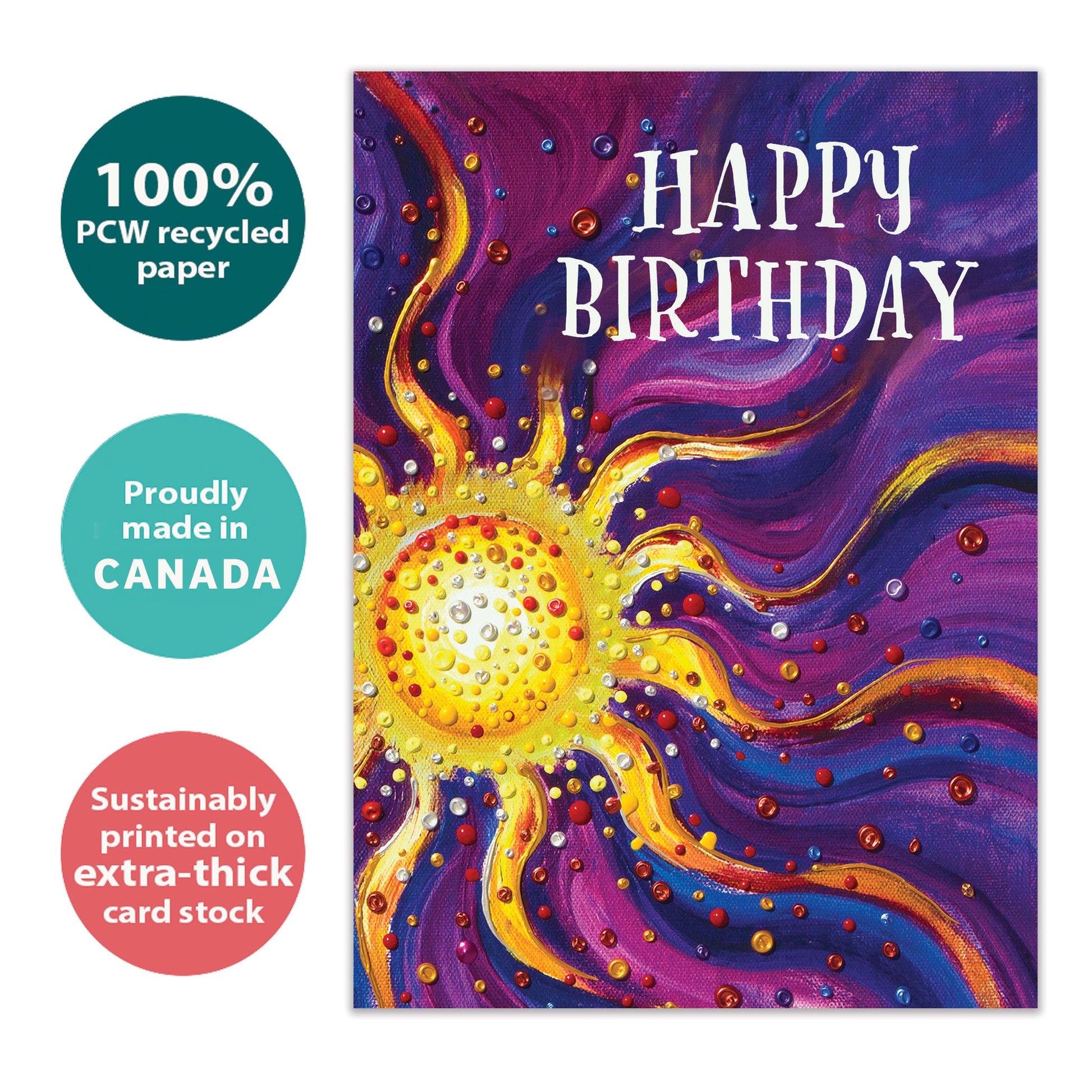Front view of a birthday greeting card with an abstract illustration of a sun on a purple background and the words "Happy Birthday", highlighting its eco-friendly materials and made in Canada.