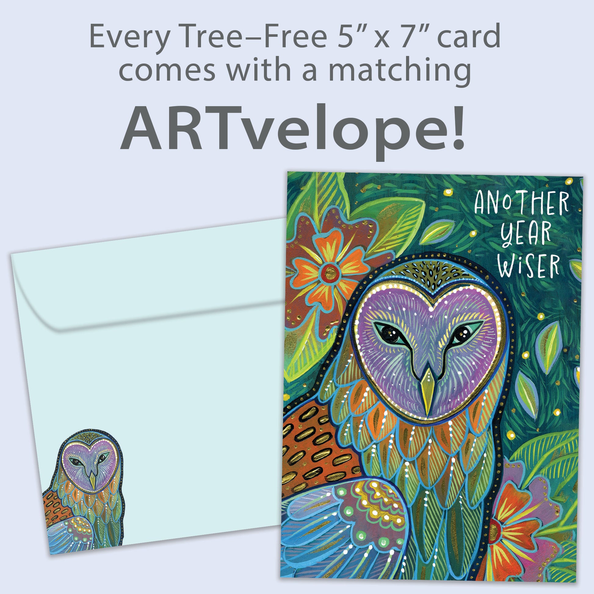 Front view of a birthday greeting card featuring an artistic and colourful illustration of an owl and foliage with the message "another year wiser", with matching envelope artwork.