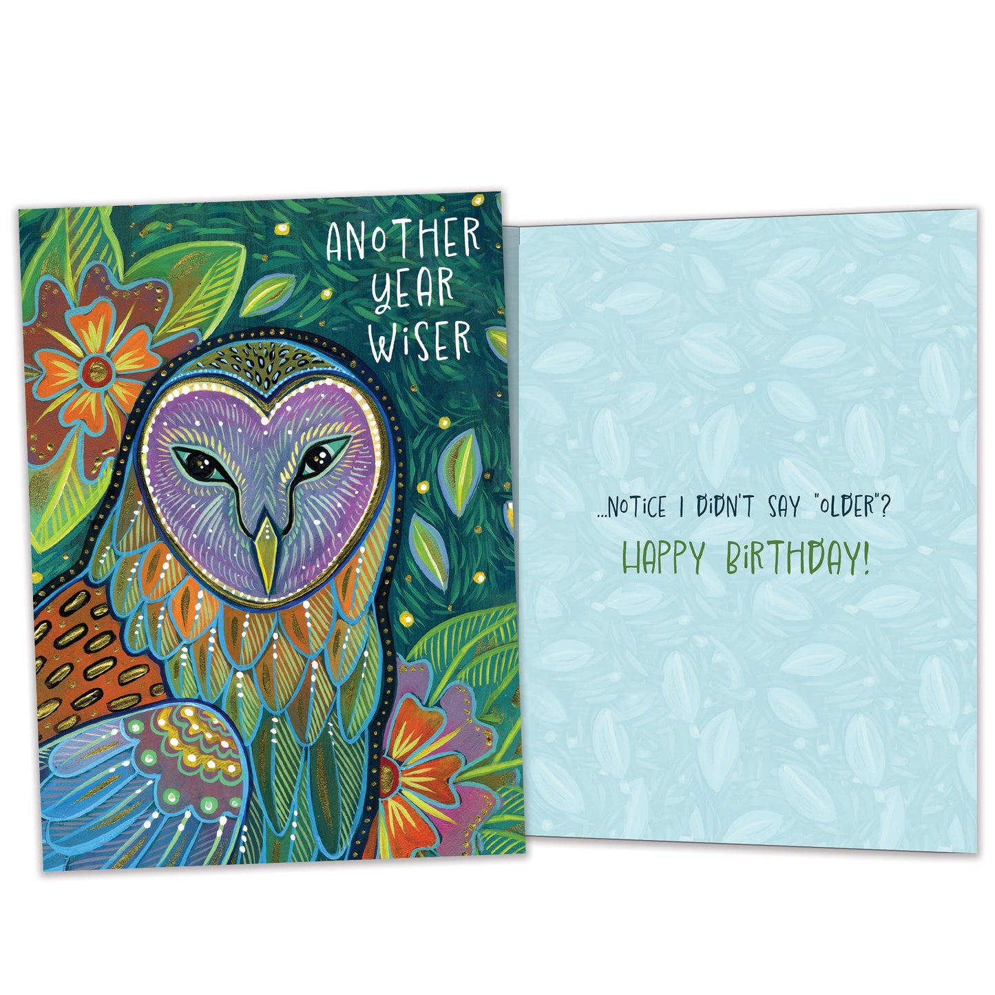 Front and inside view of a birthday greeting card featuring an artistic and colourful illustration of an owl and foliage with the message "another year wiser", with matching design details inside.