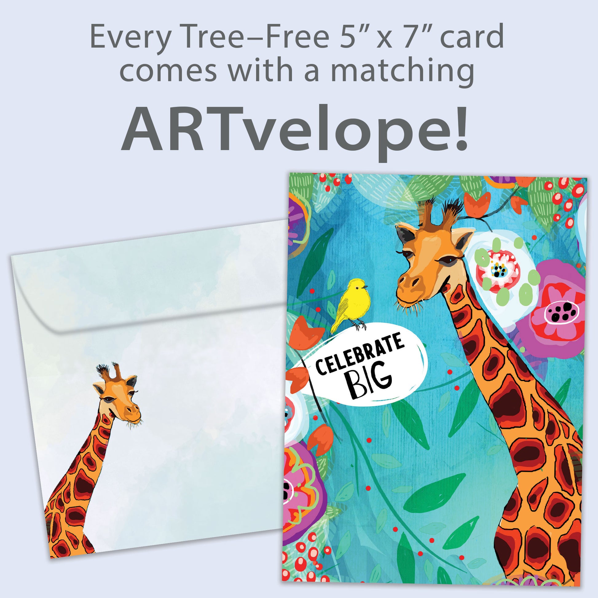 Front view of a birthday greeting card featuring a colourful illustration of a giraffe and bird in primary colours with the words "celebrate big", with matching envelope artwork.