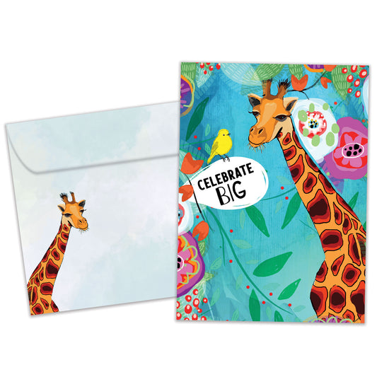 Front view of a birthday greeting card featuring a colourful illustration of a giraffe and bird in primary colours with the words "celebrate big", with a matching envelope.
