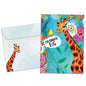 Front view of a birthday greeting card featuring a colourful illustration of a giraffe and bird in primary colours with the words "celebrate big", with a matching envelope.