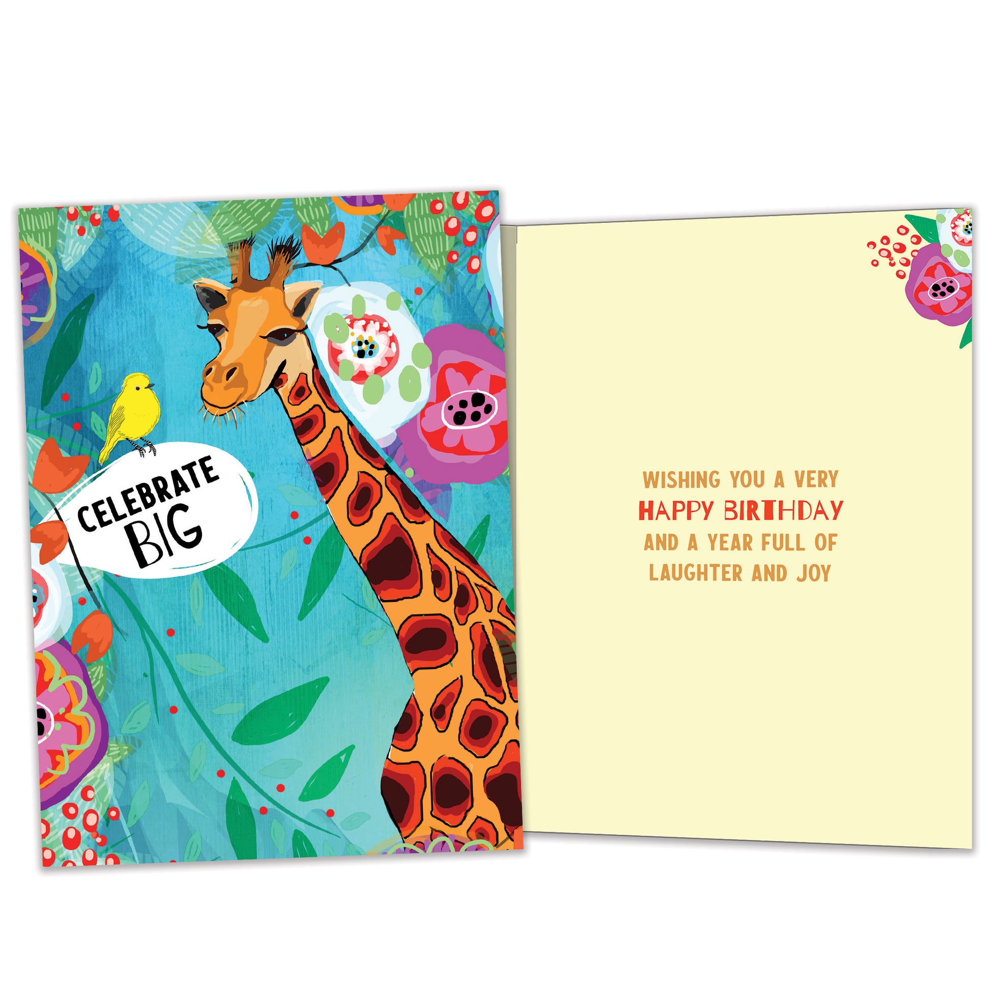 Front and inside view of a birthday greeting card featuring a colourful illustration of a giraffe and bird in primary colours with the words "celebrate big", with matching design details inside.