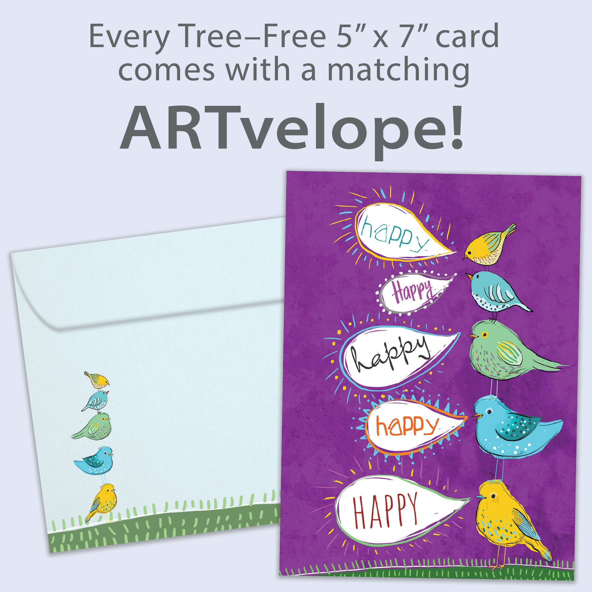 Front view of a birthday greeting card featuring an illustration of colourful birds standing on top of each other with speech bubbles saying "happy", with matching envelope artwork.