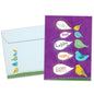 Front view of a birthday greeting card featuring an illustration of colourful birds standing on top of each other with speech bubbles saying "happy", with a matching envelope.