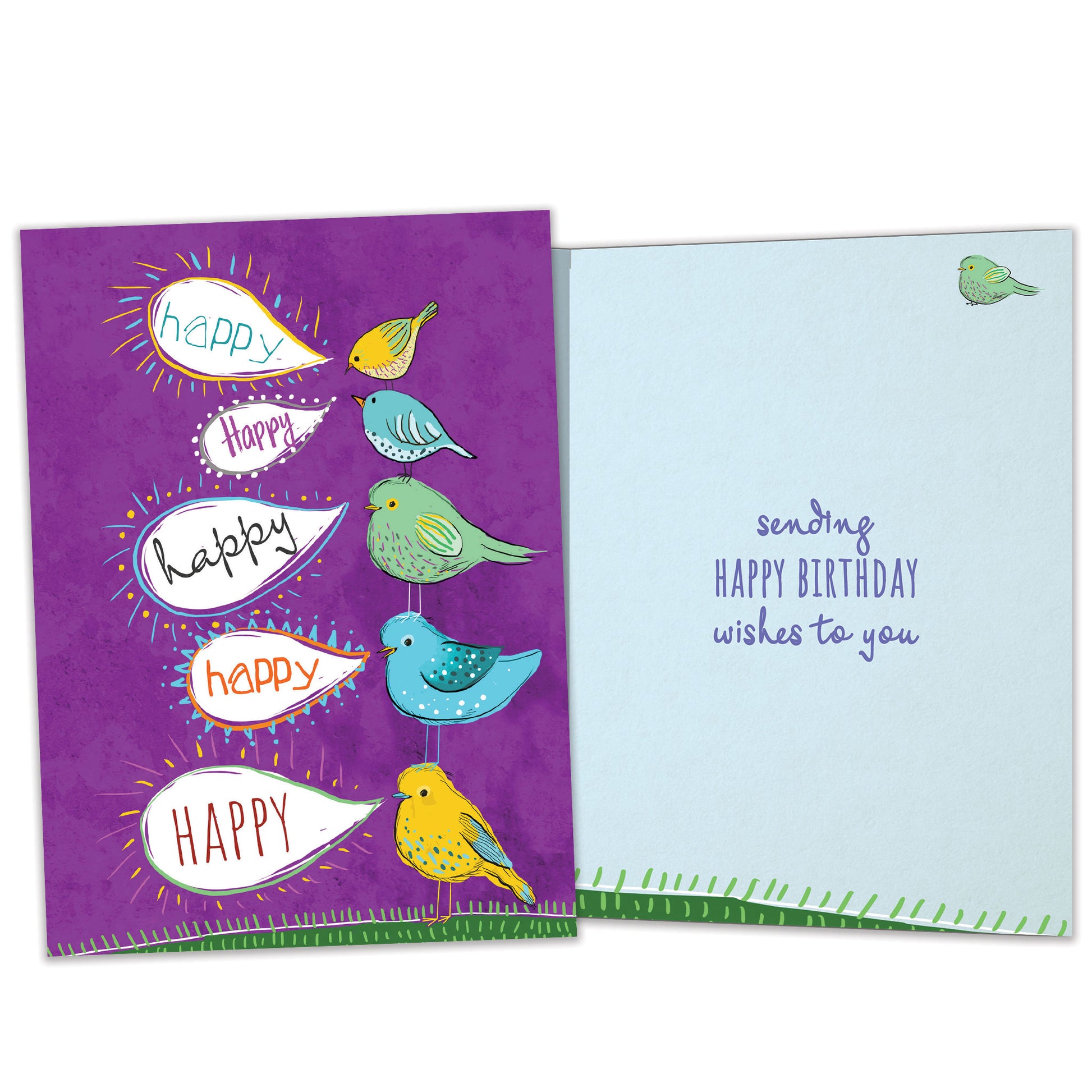 Front and inside view of a birthday greeting card featuring an illustration of colourful birds standing on top of each other with speech bubbles saying "happy", with matching design details inside.