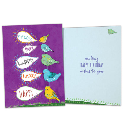 Front and inside view of a birthday greeting card featuring an illustration of colourful birds standing on top of each other with speech bubbles saying "happy", with matching design details inside.