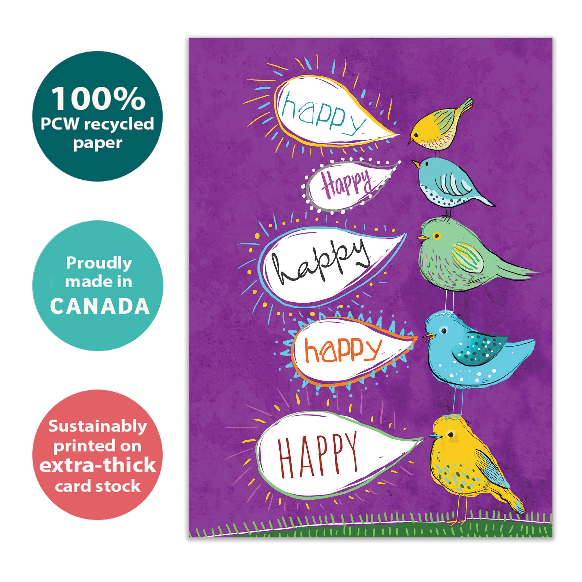 Front view of a birthday greeting card with an illustration of colourful birds standing on top of each other with speech bubbles saying "happy", highlighting its eco-friendly materials and made in Canada.