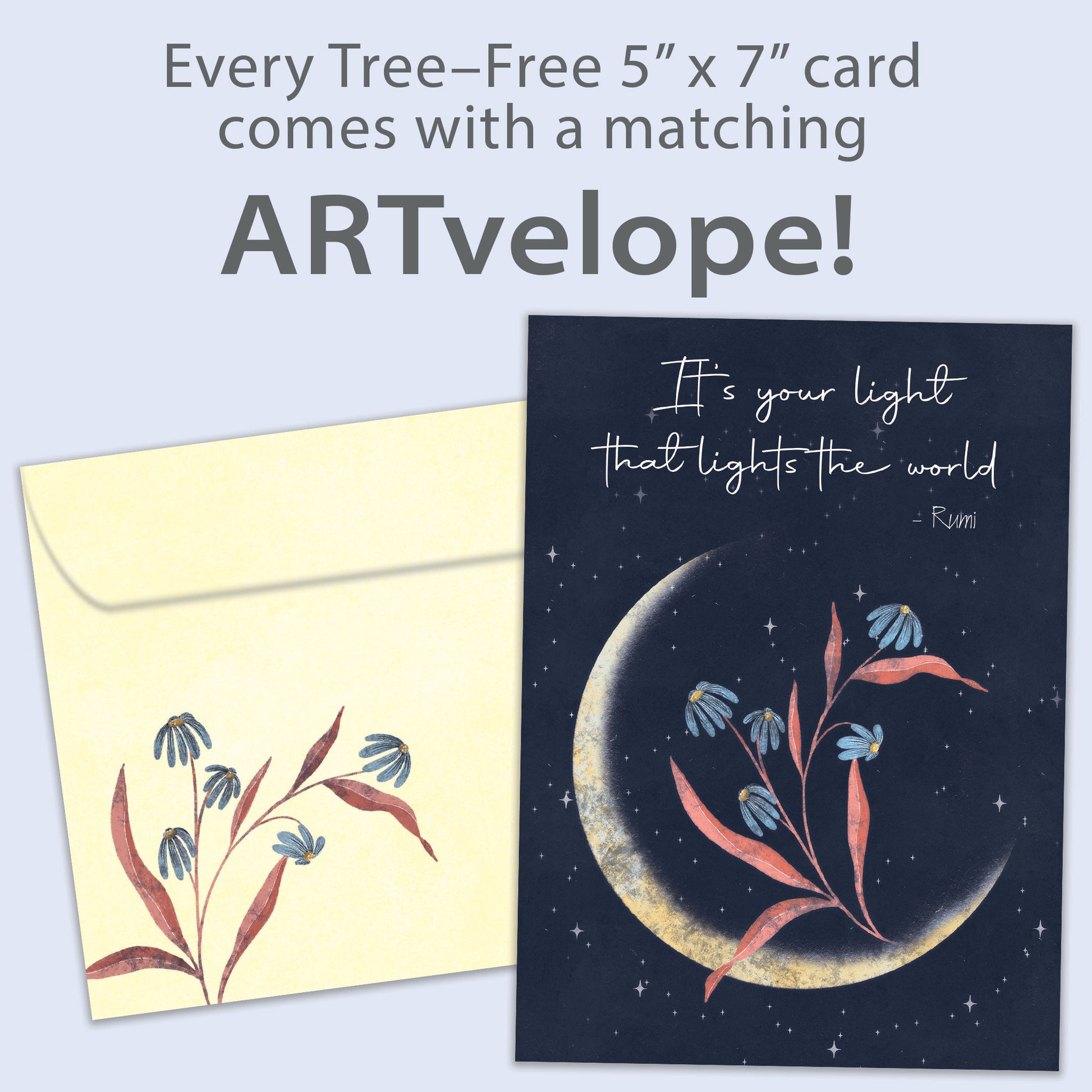Front view of a birthday greeting card featuring an illustration of a crescent moon with flowers and a beautiful message, with matching envelope artwork.