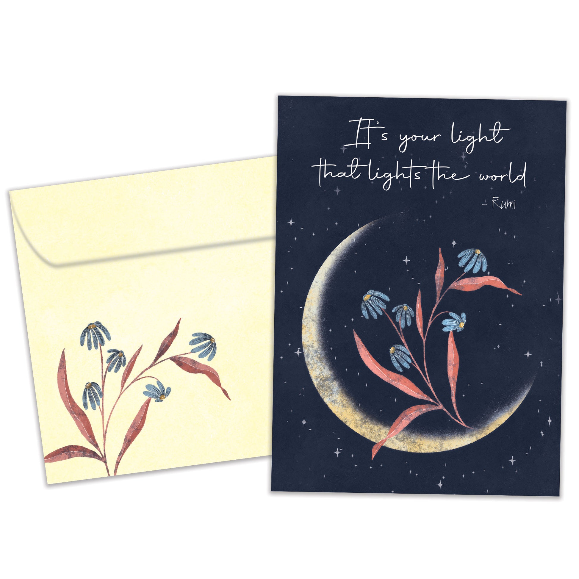 Front view of a birthday greeting card featuring an illustration of a crescent moon with flowers and a beautiful message, with a matching envelope.