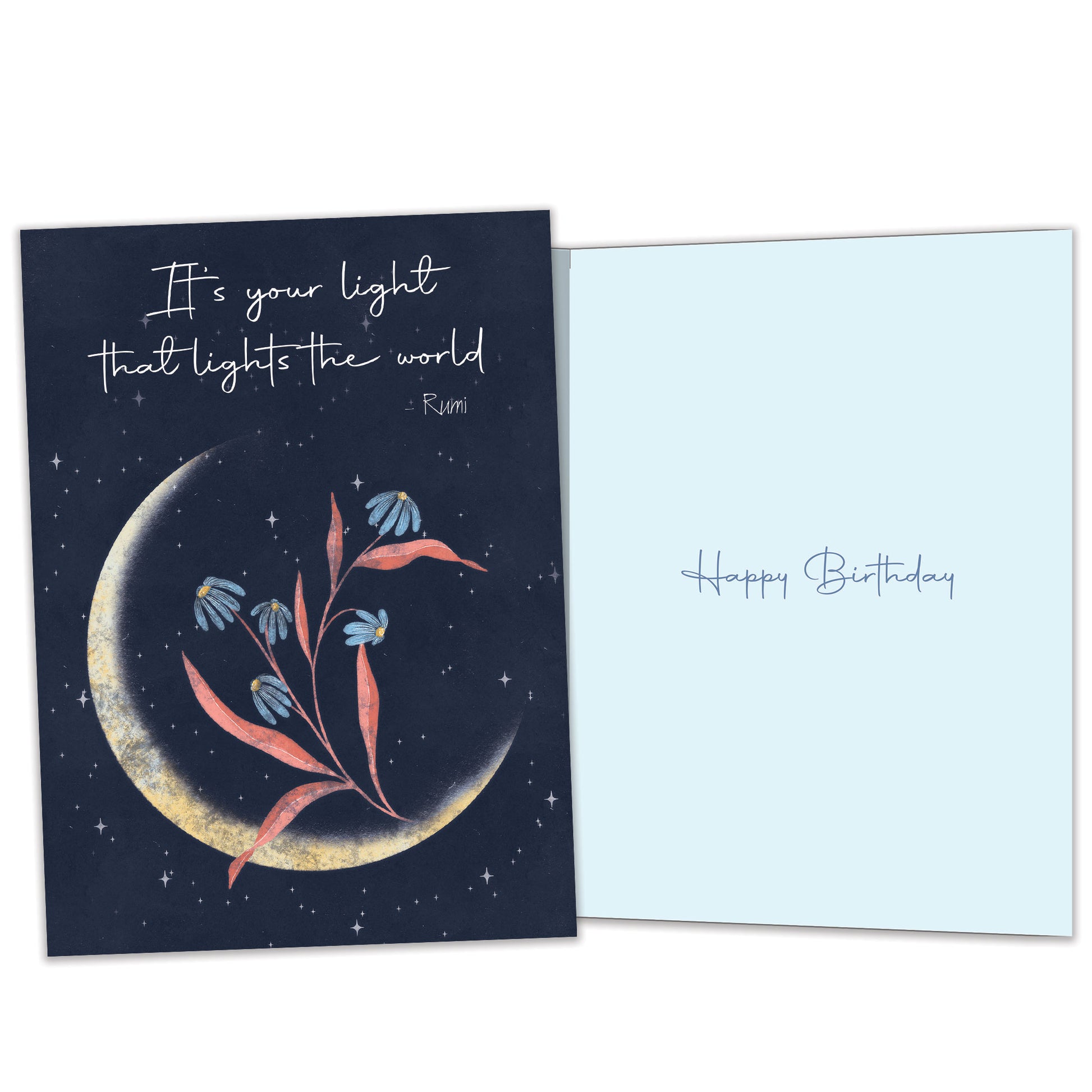 Front and inside view of a birthday greeting card featuring an illustration of a crescent moon with flowers and a beautiful message, with matching design details inside.
