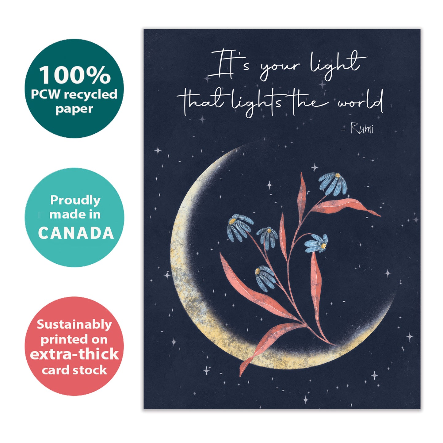 Front view of a birthday greeting card with an illustration of a crescent moon with flowers and a beautiful message, highlighting its eco-friendly materials and made in Canada.
