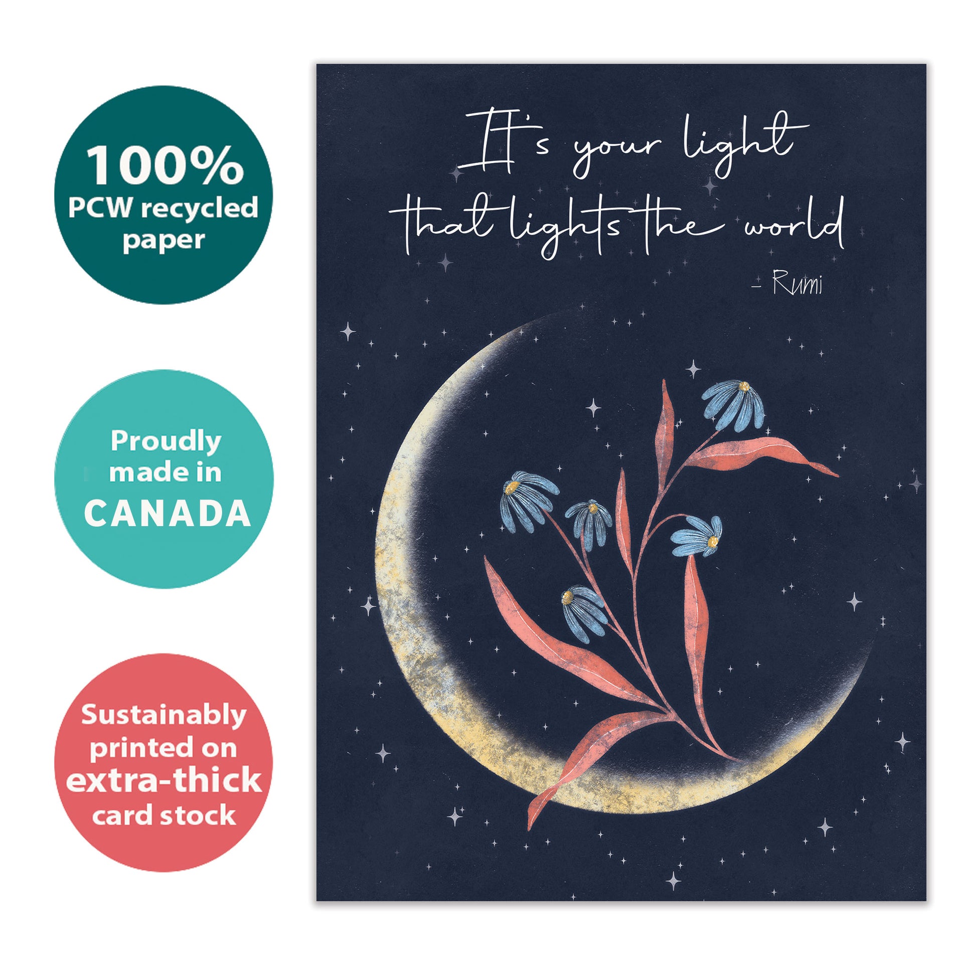 Front view of a birthday greeting card with an illustration of a crescent moon with flowers and a beautiful message, highlighting its eco-friendly materials and made in Canada.