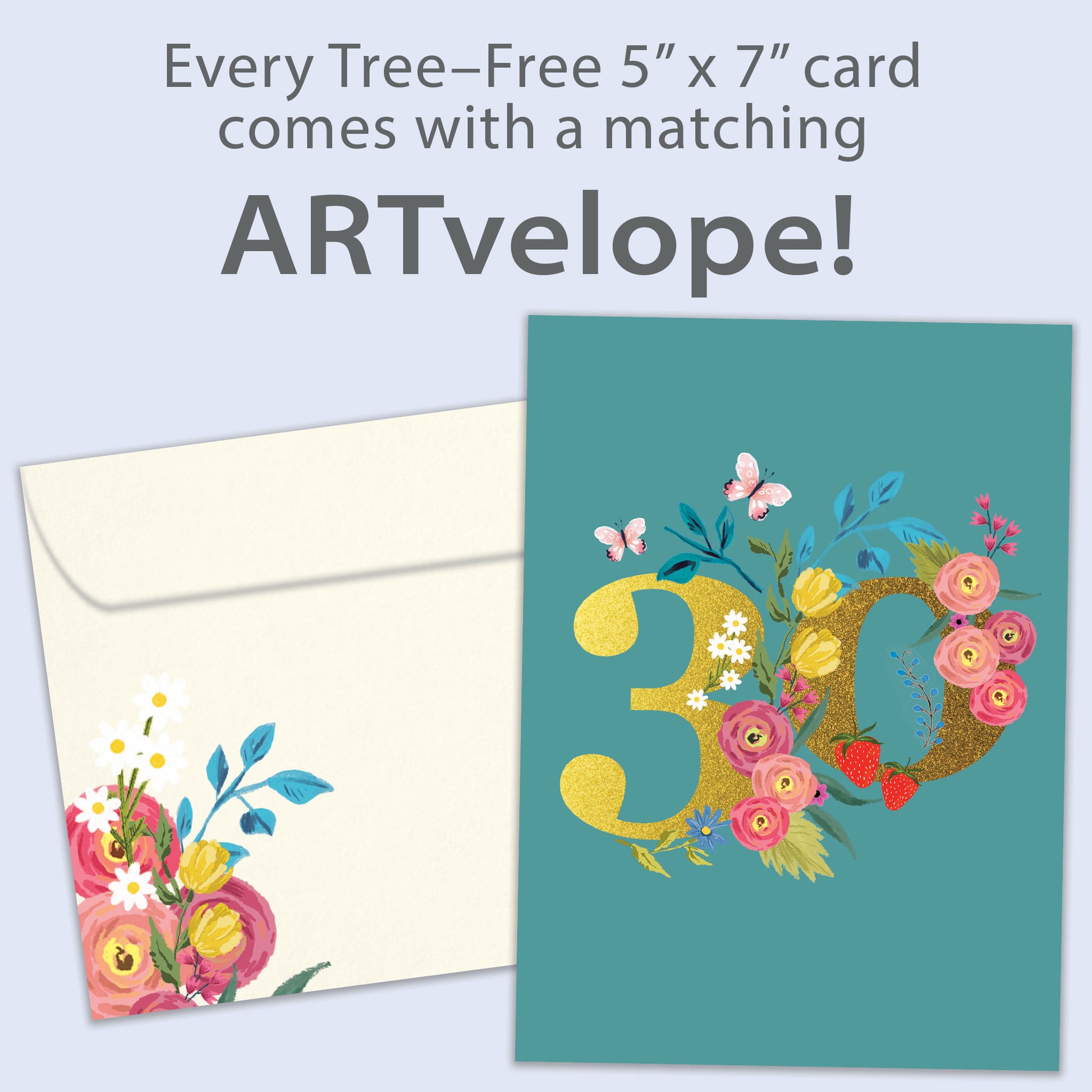 Front view of a Birthday greeting card featuring a large number 30 with floral accents on a teal background, with matching envelope artwork.