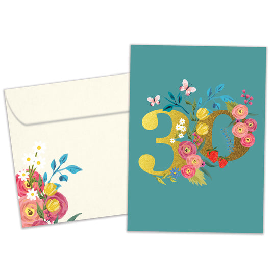 Front view of a Birthday greeting card featuring a large number 30 with floral accents on a teal background, with a matching envelope.