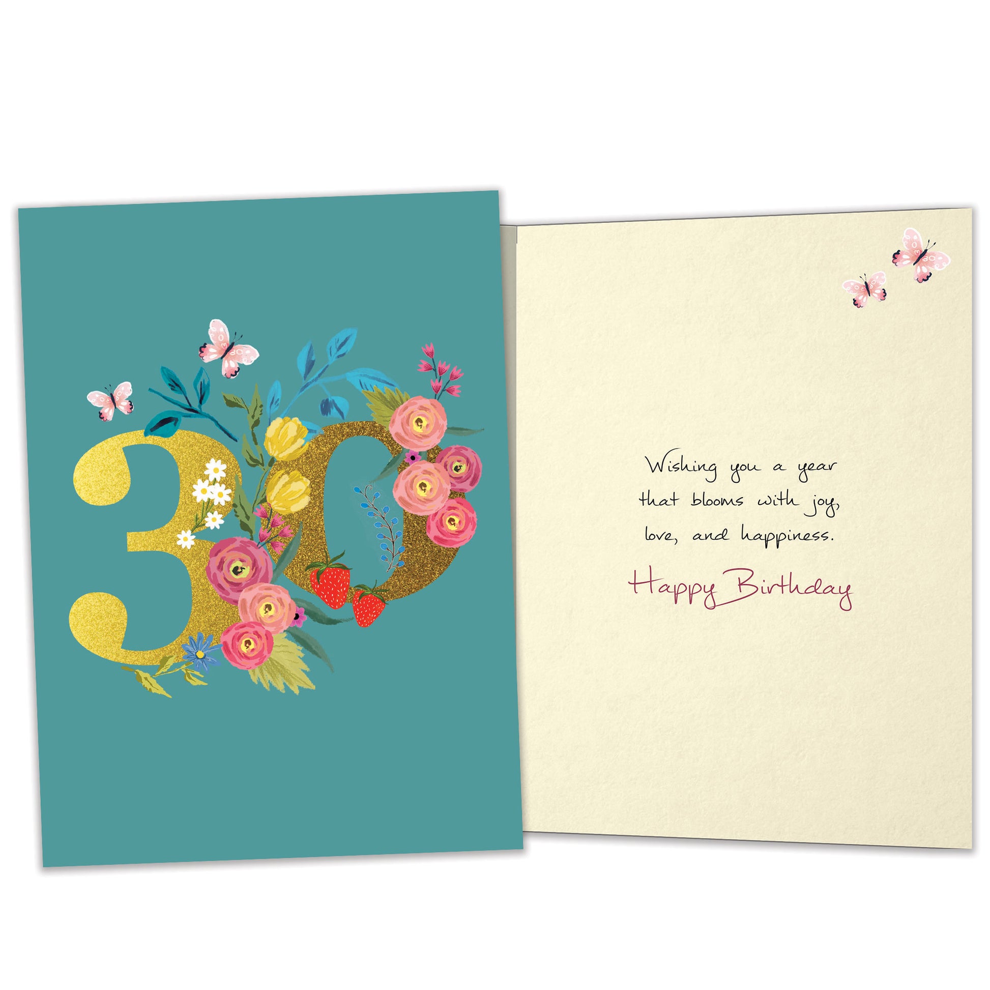Front and inside view of a Birthday greeting card featuring a large number 30 with floral accents on a teal background, with matching design details inside.