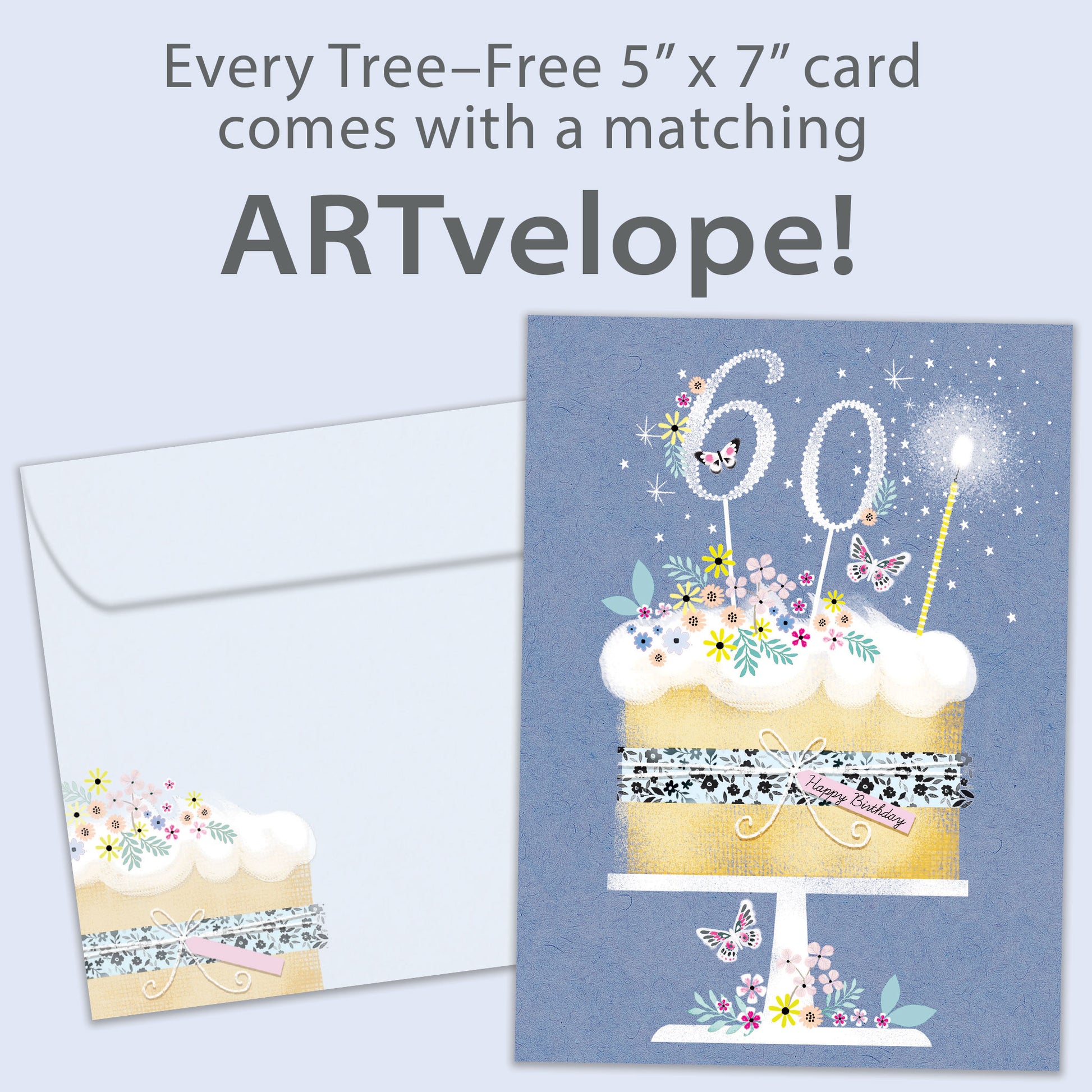 Front view of a Birthday greeting card featuring a birthday cake with 60 candles on a blue background, with matching envelope artwork.