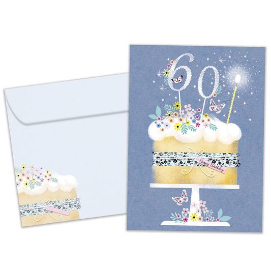 Front view of a Birthday greeting card featuring a birthday cake with 60 candles on a blue background, with a matching envelope.