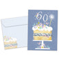 Front view of a Birthday greeting card featuring a birthday cake with 60 candles on a blue background, with a matching envelope.