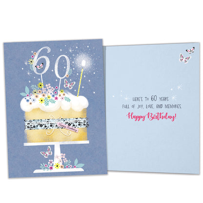 Front and inside view of a Birthday greeting card featuring a birthday cake with 60 candles on a blue background, with matching design details inside.
