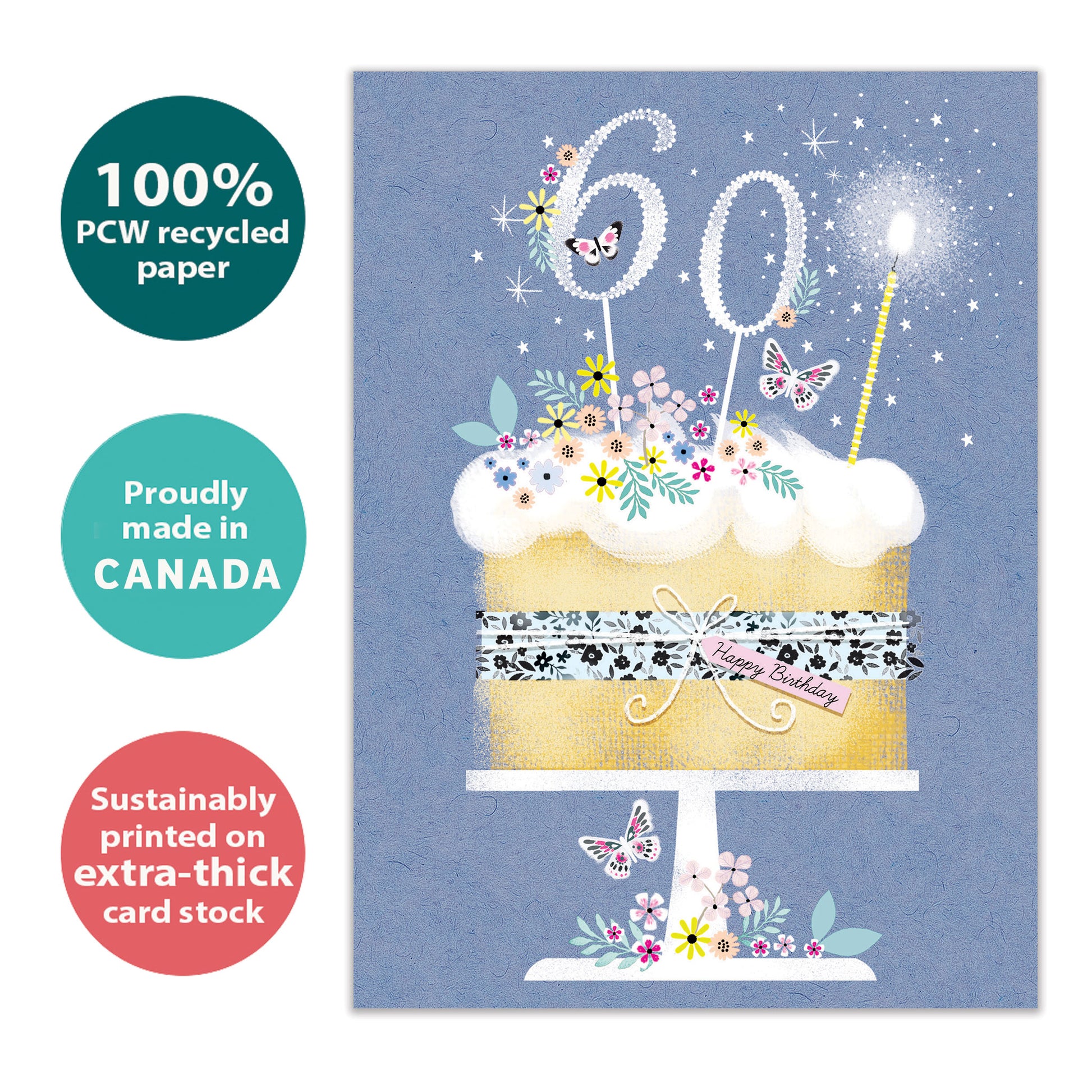 Front view of a Birthday greeting card with a birthday cake and 60 candles on a blue background, highlighting its eco-friendly materials and made in Canada.