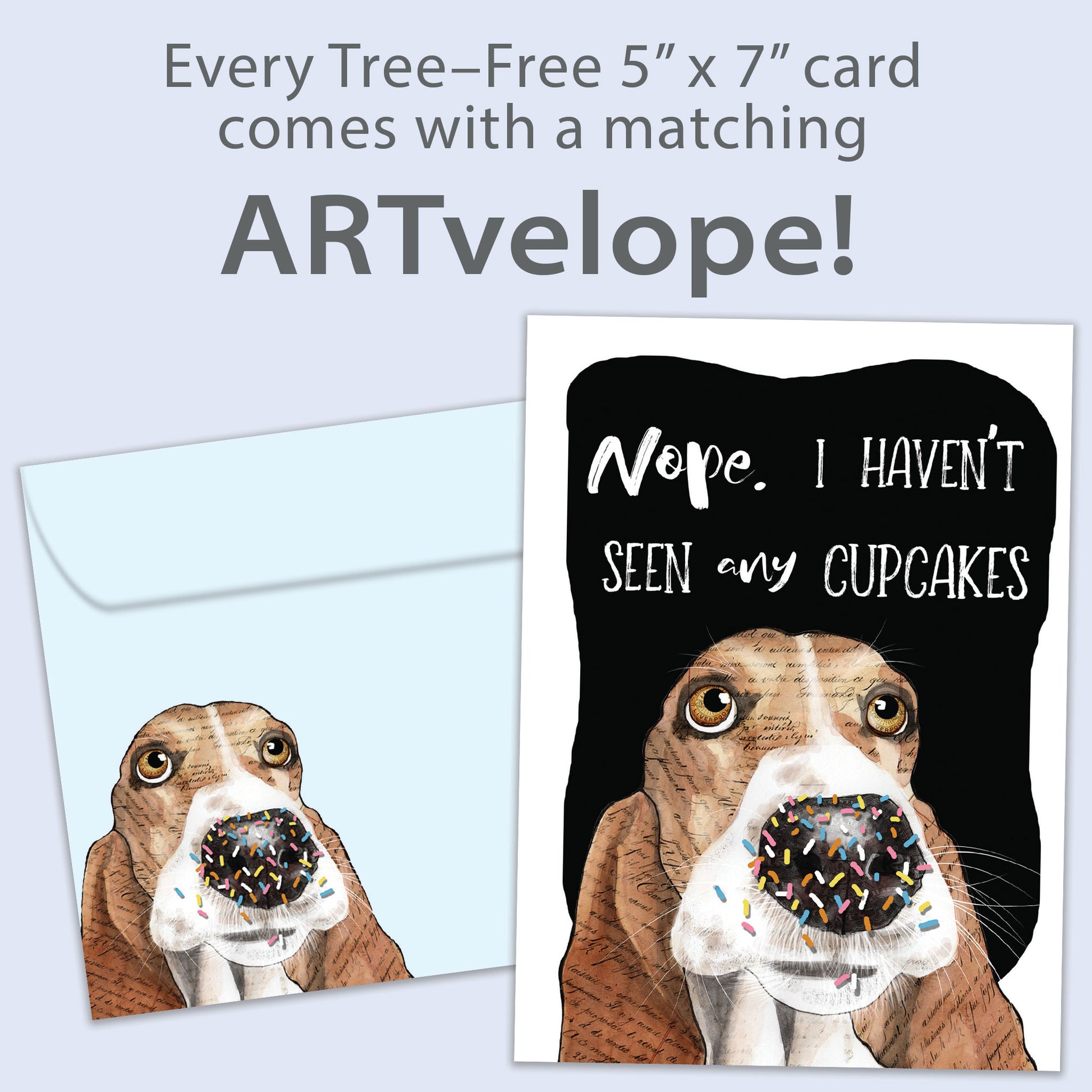 Front view of a birthday greeting card featuring an illustration of a dog’s face denying eating the cupcakes, with matching envelope artwork.