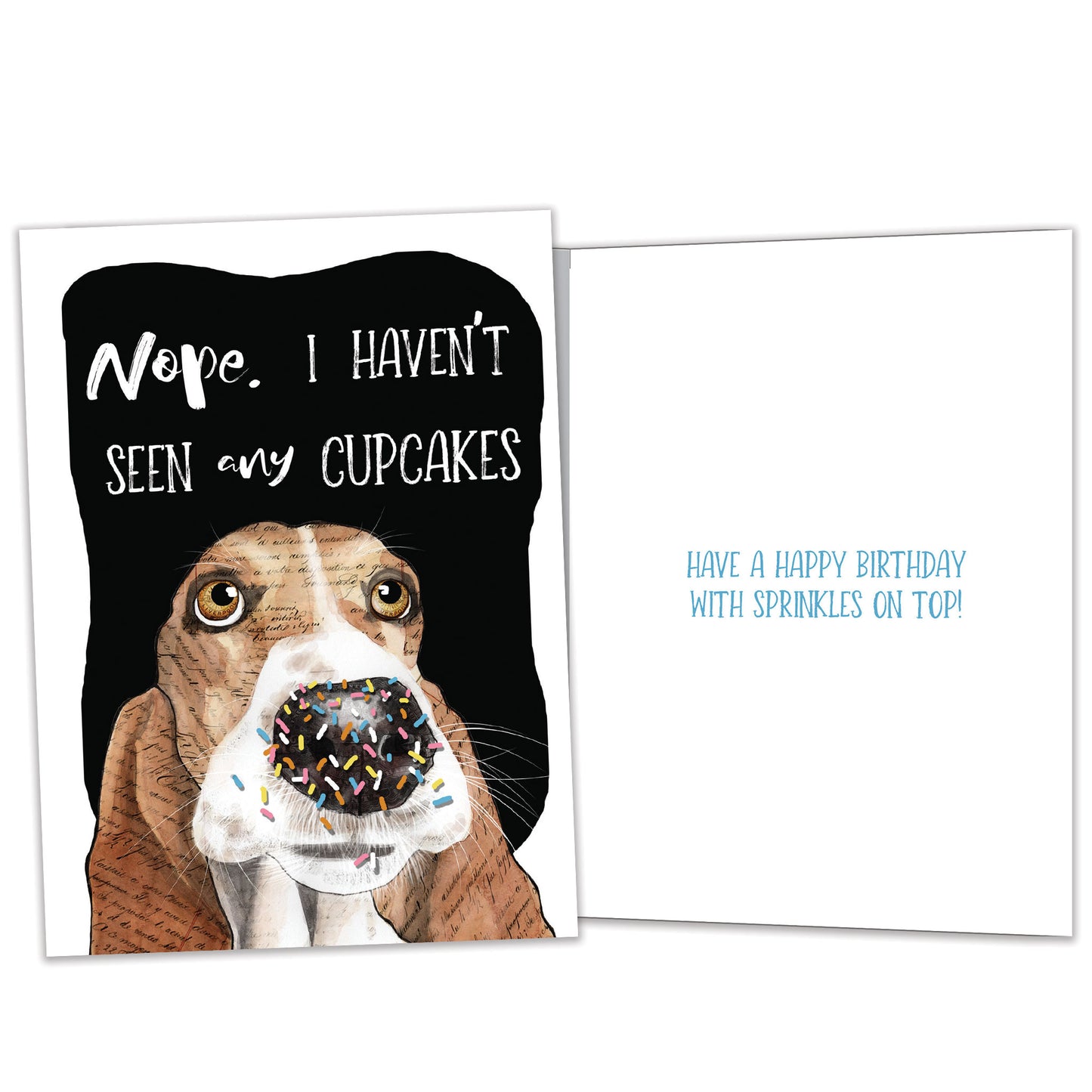 Front and inside view of a birthday greeting card featuring an illustration of a dog’s face denying eating the cupcakes, with matching design details inside.
