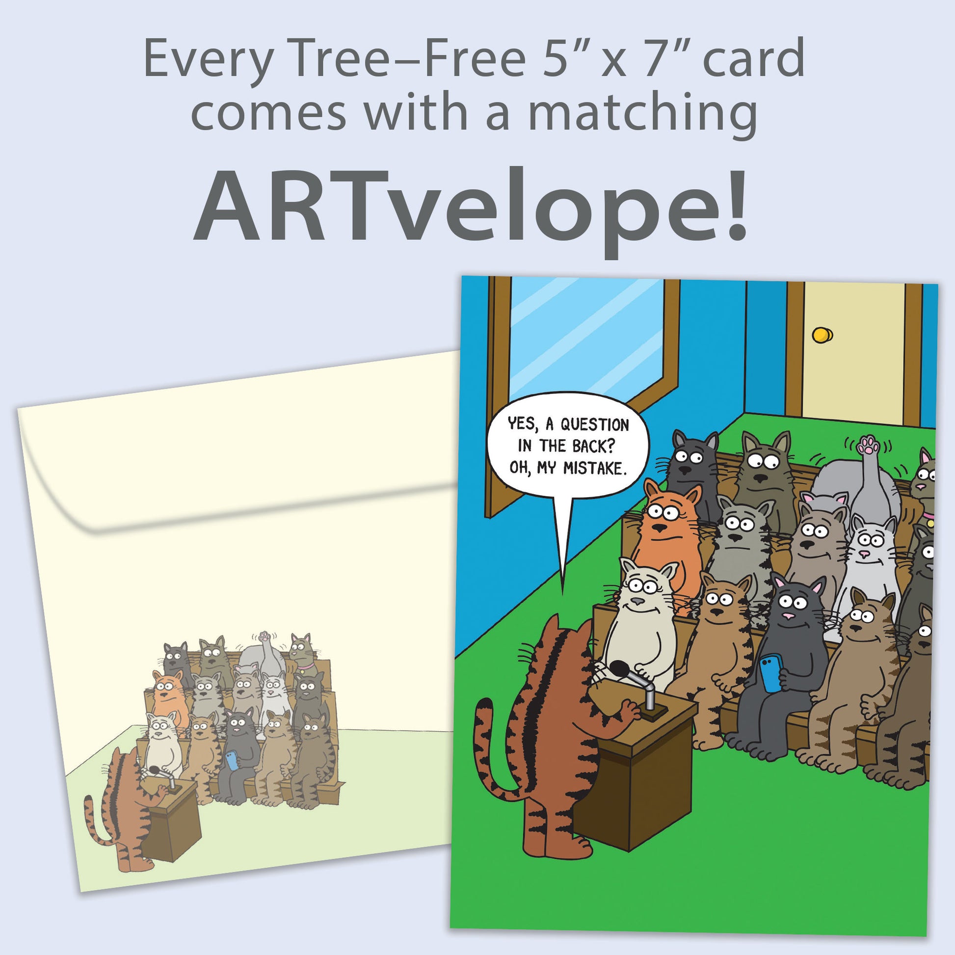 Front view of a birthday greeting card featuring a humorous comic of cats in a classroom setting, with matching envelope artwork.