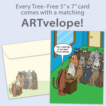 Front view of a birthday greeting card featuring a humorous comic of cats in a classroom setting, with matching envelope artwork.