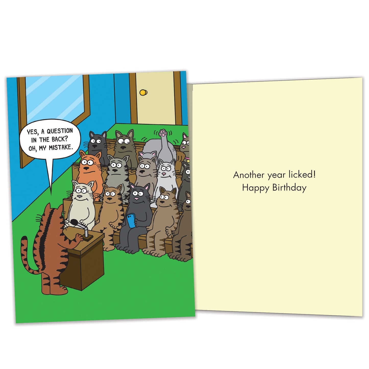 Front and inside view of a birthday greeting card featuring a humorous comic of cats in a classroom setting, with matching design details inside.