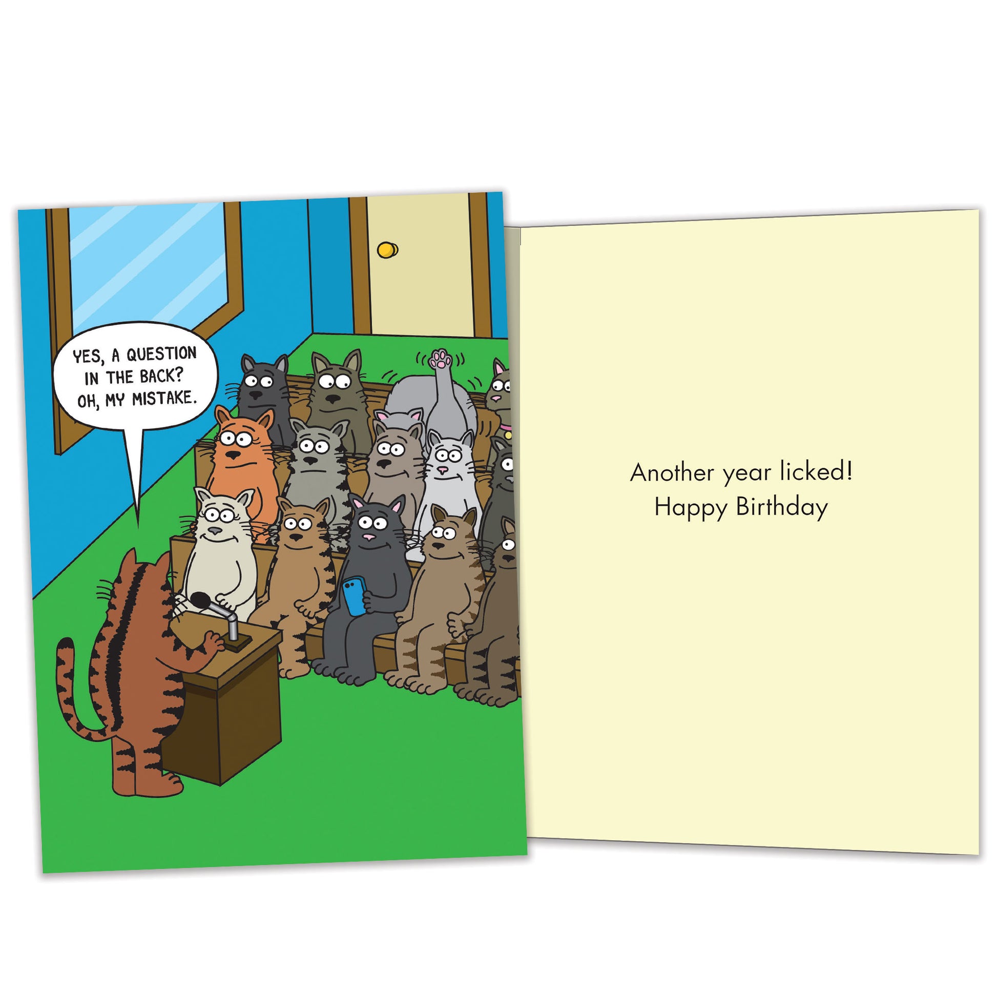 Front and inside view of a birthday greeting card featuring a humorous comic of cats in a classroom setting, with matching design details inside.