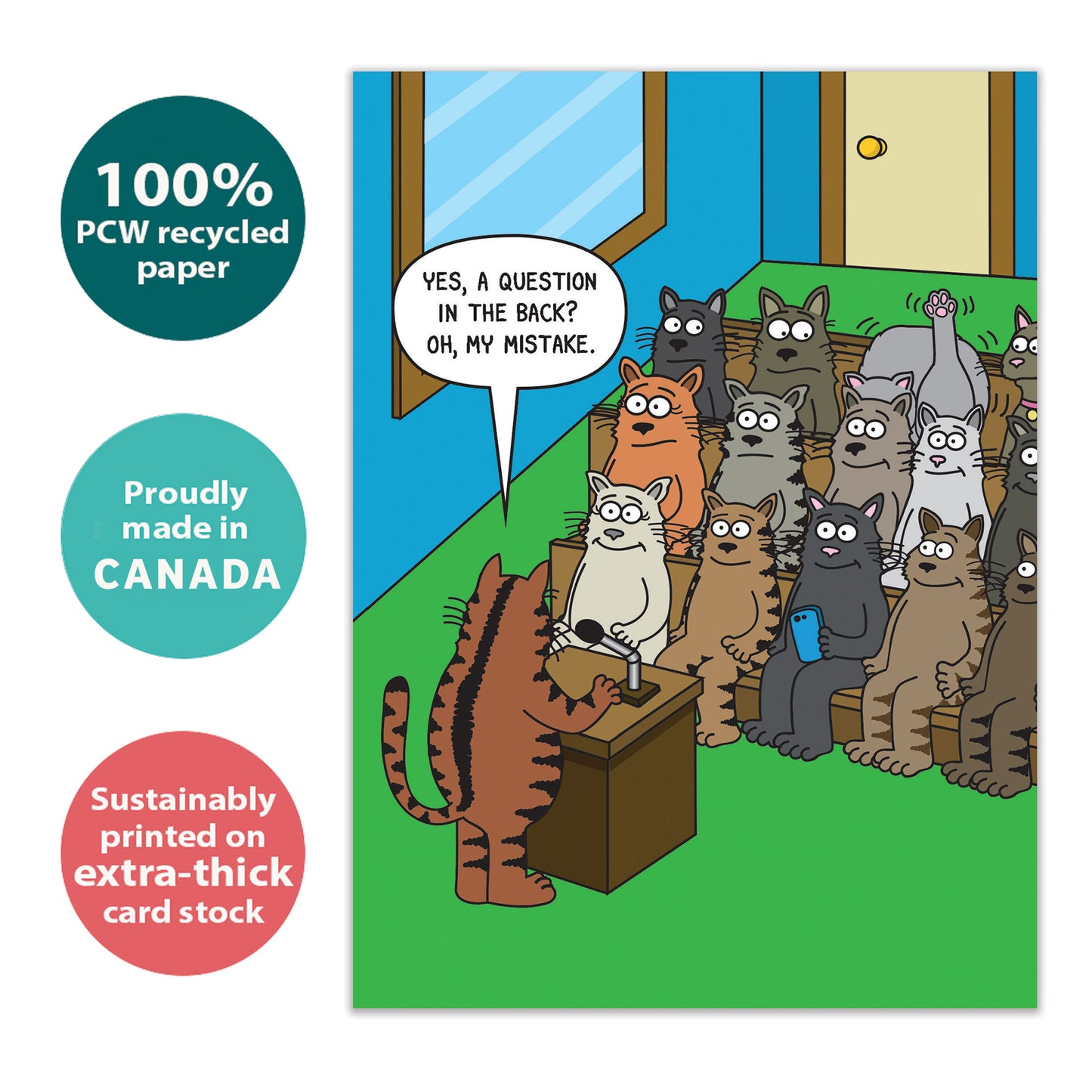 Front view of a birthday greeting card with a humorous comic of cats in a classroom setting, highlighting its eco-friendly materials and made in Canada.