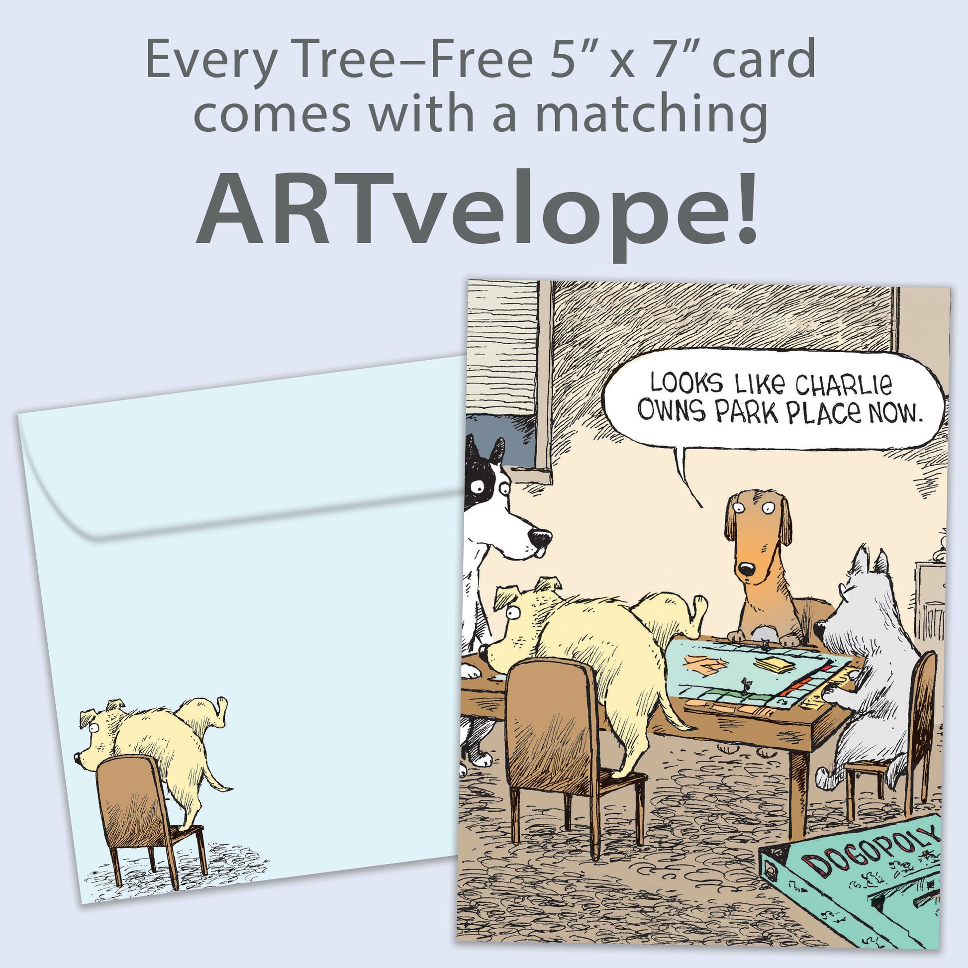 Front view of a birthday greeting card featuring a funny comic of dogs playing Monopoly, with matching envelope artwork.