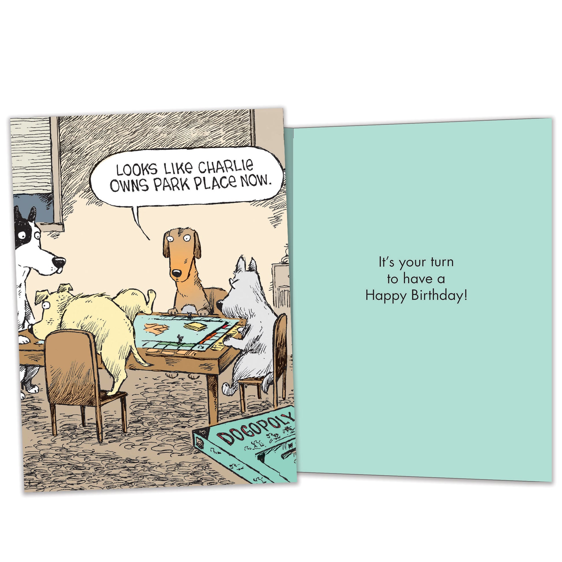 Front and inside view of a birthday greeting card featuring a funny comic of dogs playing Monopoly, with matching design details inside.
