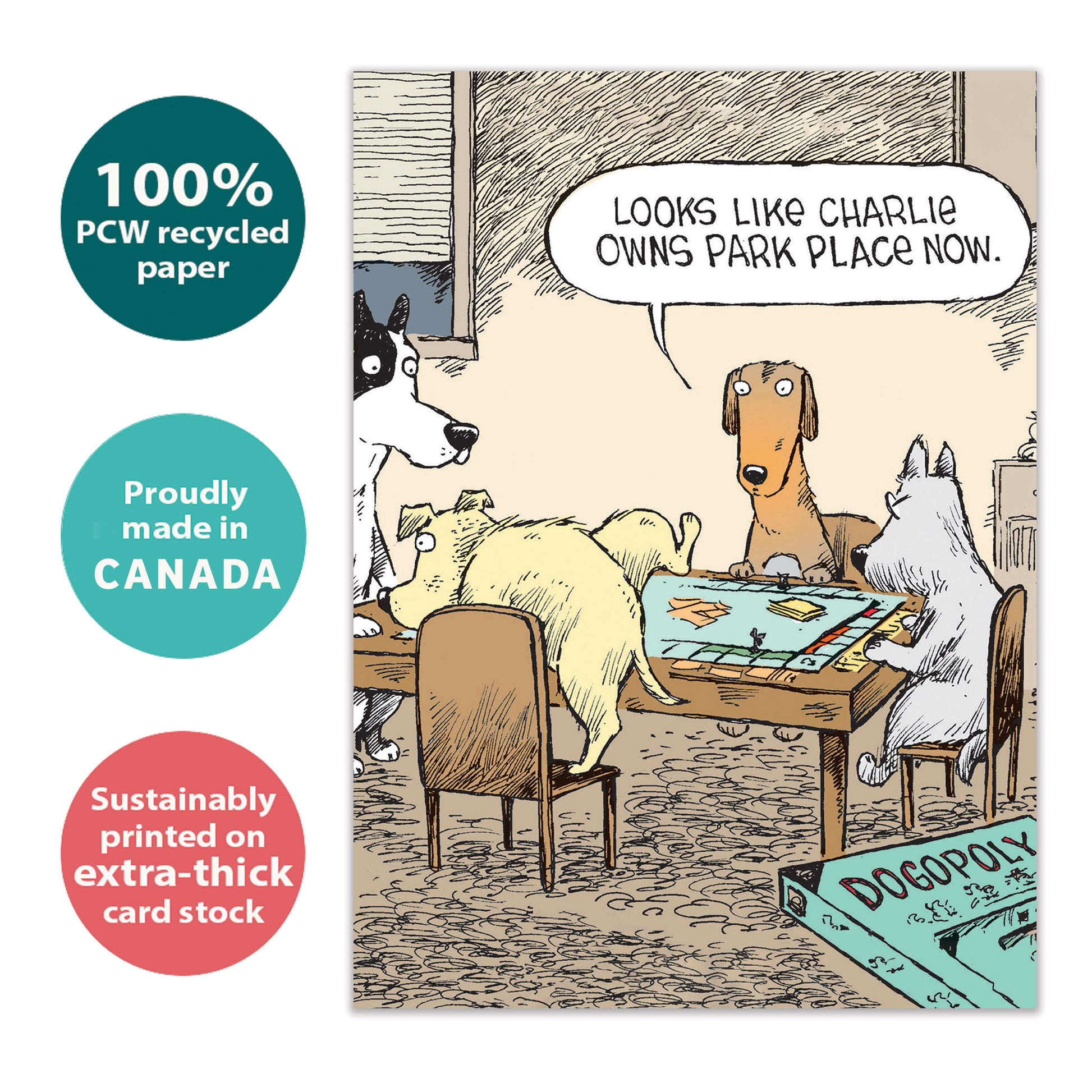 Front view of a birthday greeting card with a funny comic of dogs playing Monopoly, highlighting its eco-friendly materials and made in Canada.