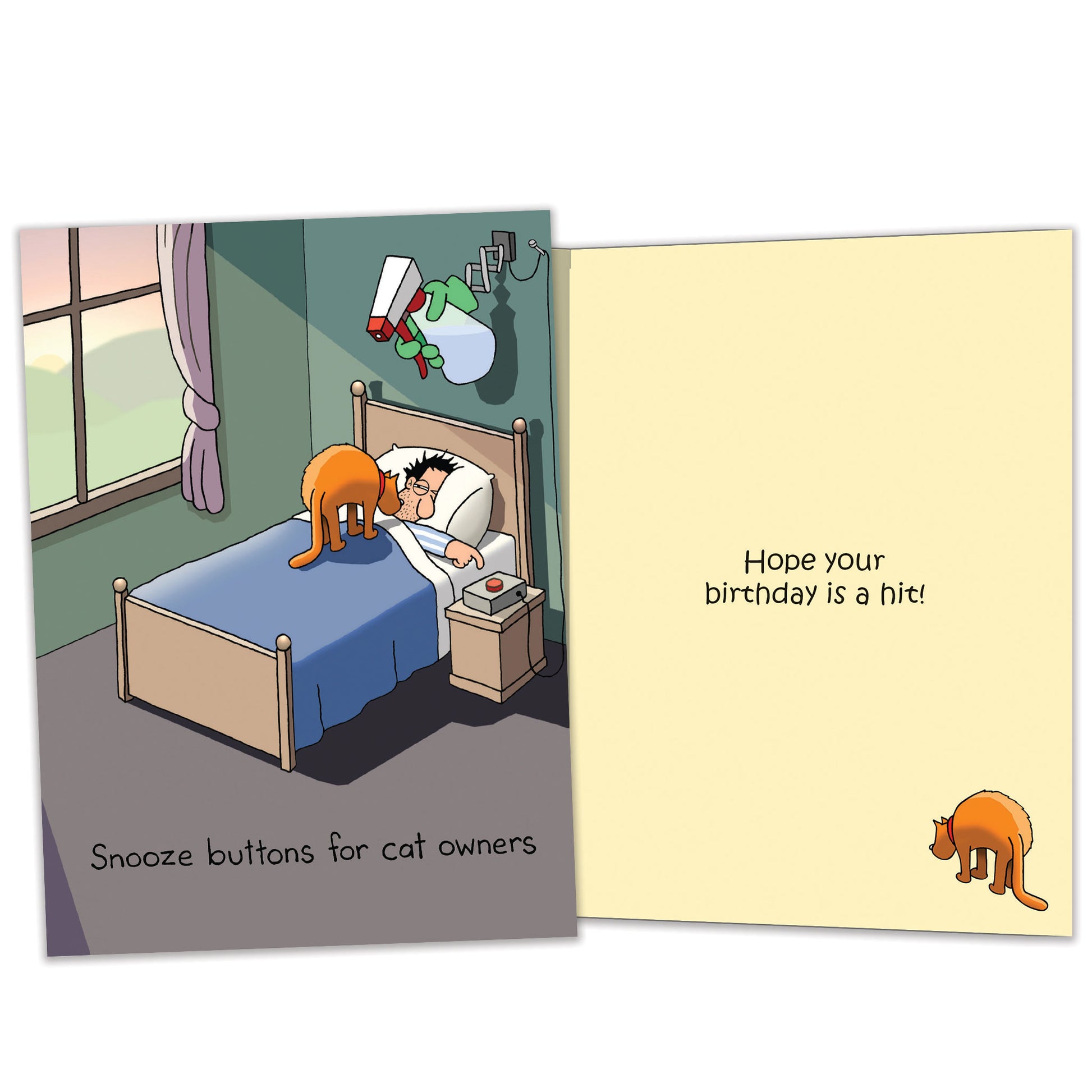 Front and inside view of a Birthday greeting card featuring a cat waking up its owner and the message “Snooze buttons for cat owners”, with matching design details inside