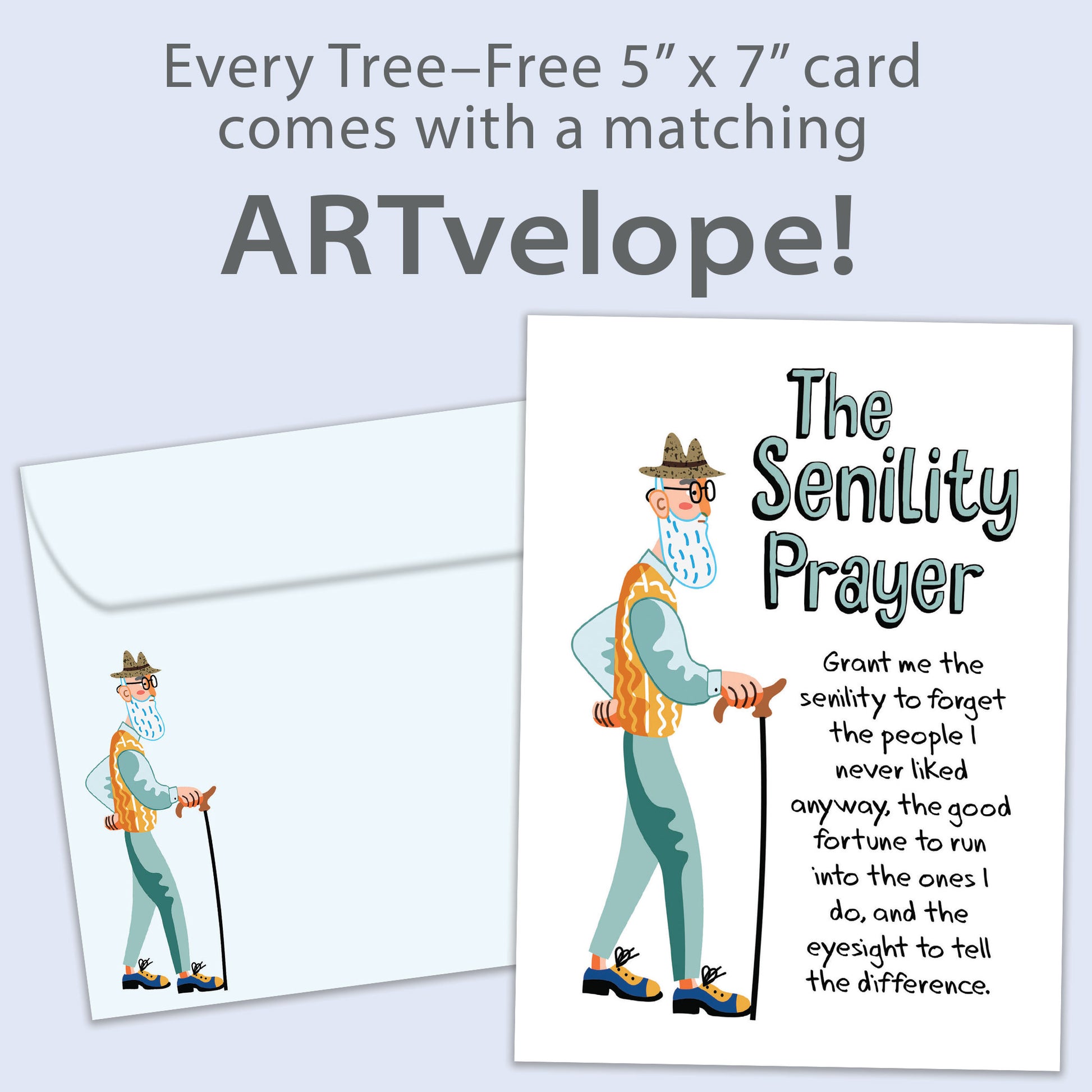 Front view of a Birthday greeting card featuring an elderly man with a cane and the Senility Prayer, with matching envelope artwork.